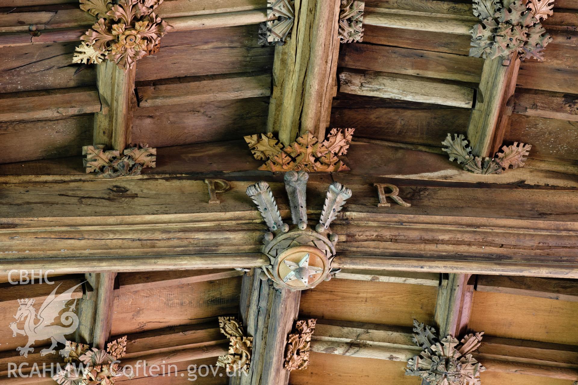 Church ceiling detail, Prince of Wales feathers, with initials "P R".