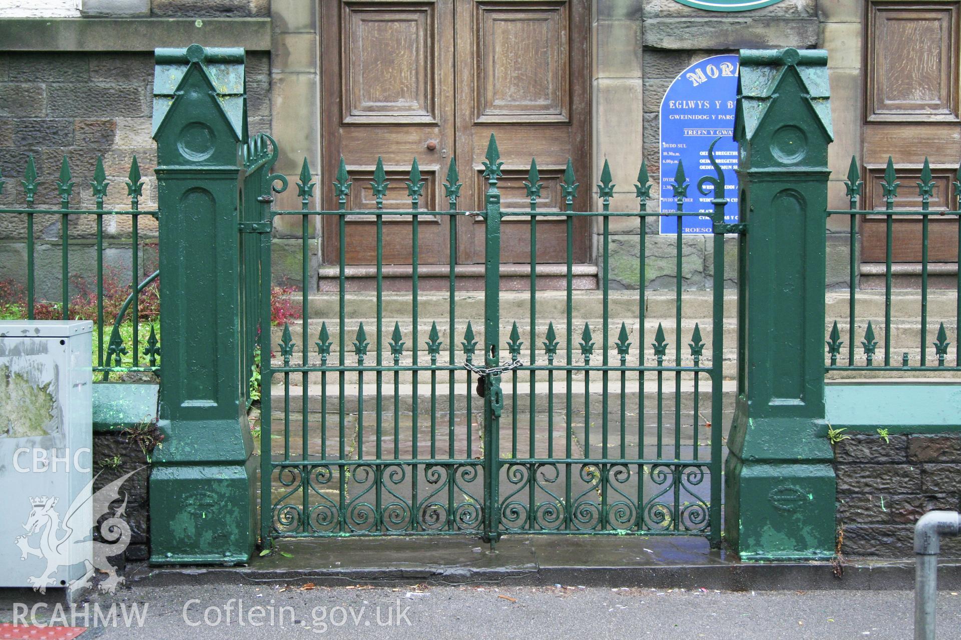 Moriah Chapel detail of cast iron gates and piers leading to front courtyard.