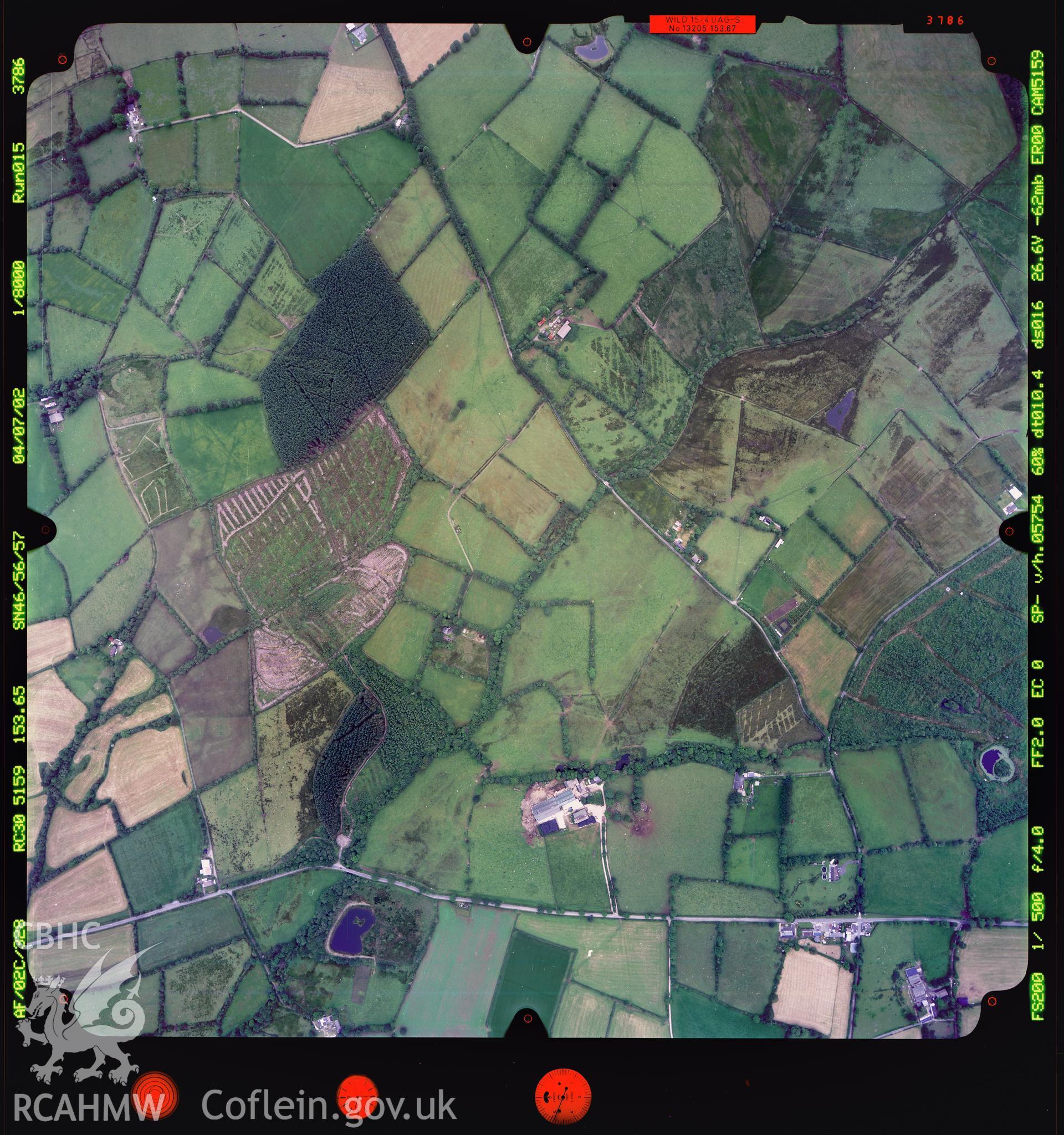 Digitized copy of a colour aerial photograph showing the Cilcennin area, taken by Ordnance Survey, 2002.