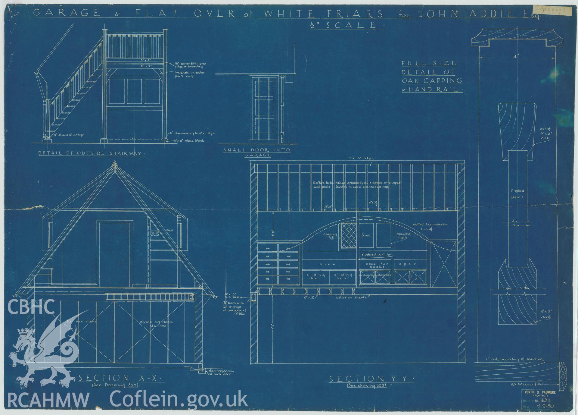 Blue-print sections and detail of oak capping and hand rail, relating to Whitefriars, West Shore, Llanfairfechan, Conwy: Garage and Flat Over. Noted as 'Contract Copy'.