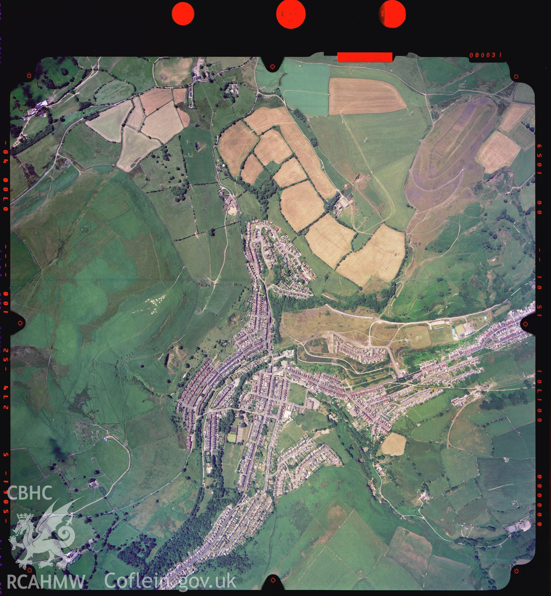 Digitized copy of a colour aerial photograph showing the area around Abertridwr, taken by Ordnance Survey, 2003.
