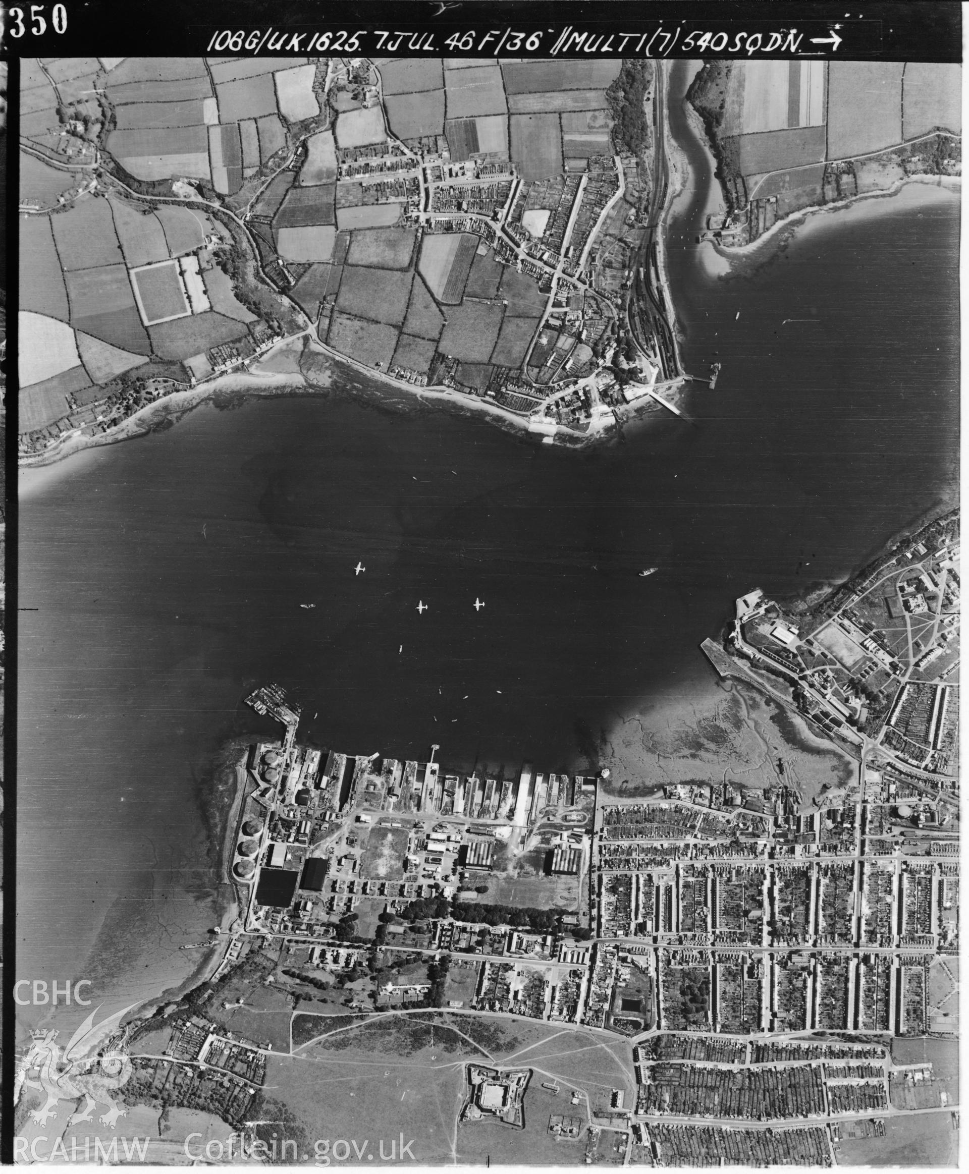 Black and white vertical aerial photograph taken by the RAF on 07/07/1946 centred on SM96230421 at a scale of 1:10000. The photograph includes part of Pembroke Dock community in Pembrokeshire.