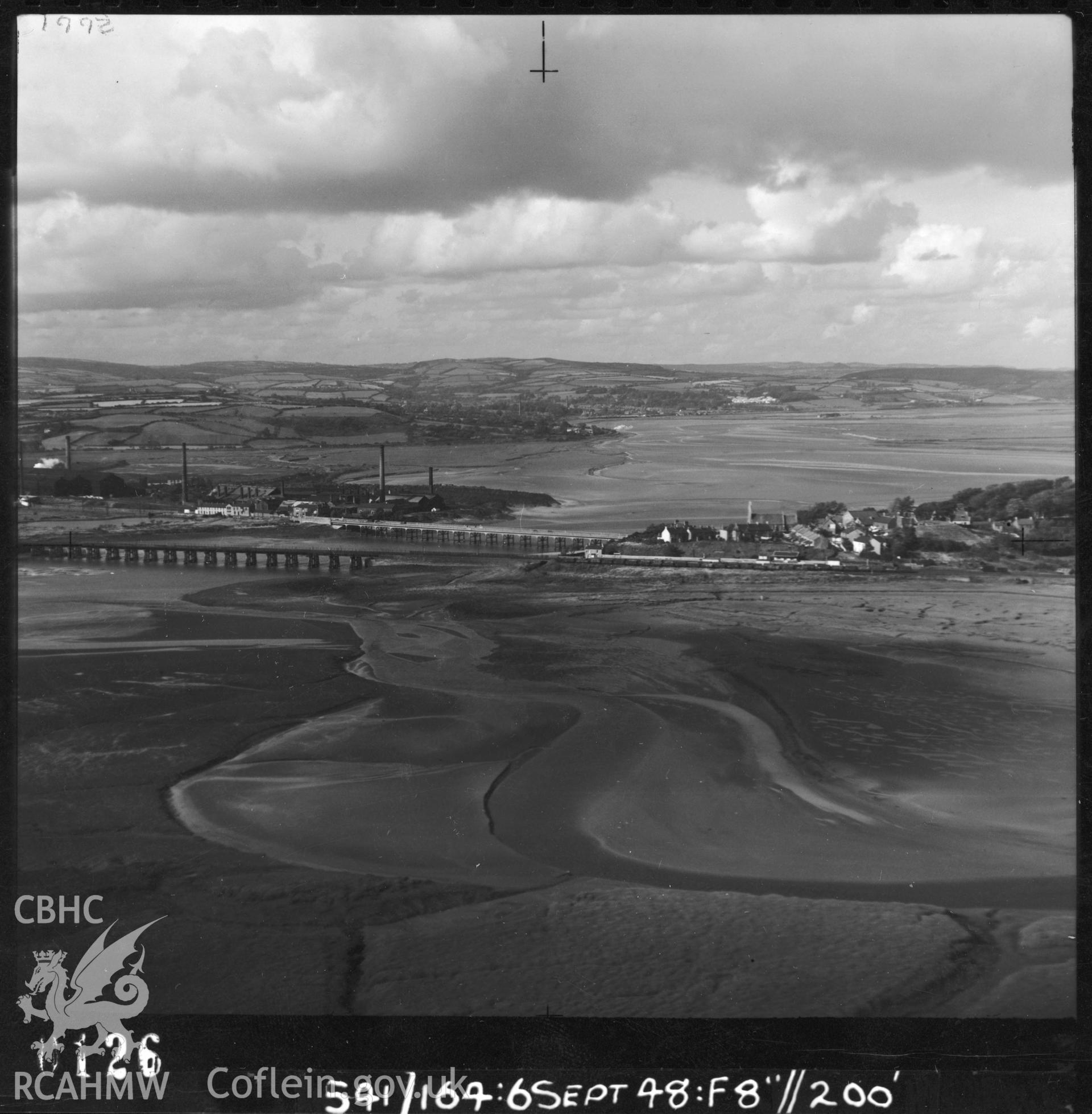 Black and white vertical aerial photograph taken by the RAF on 08/10/1948 showing Loughor Railway Viaduct.
