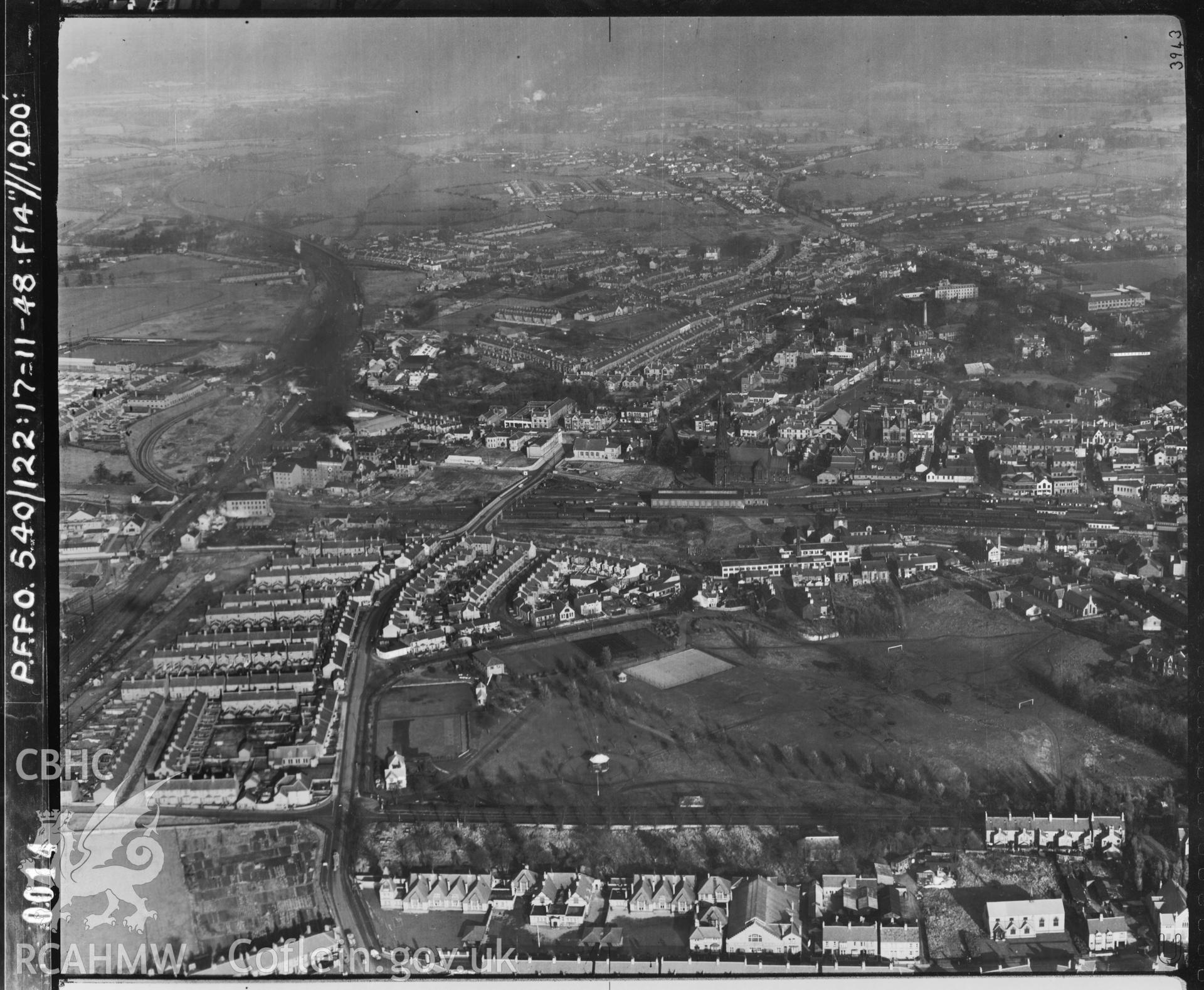 Black and white vertical aerial photograph taken by the RAF on 17/11/1948 showing the Bellevue Park area of Wrexham.
