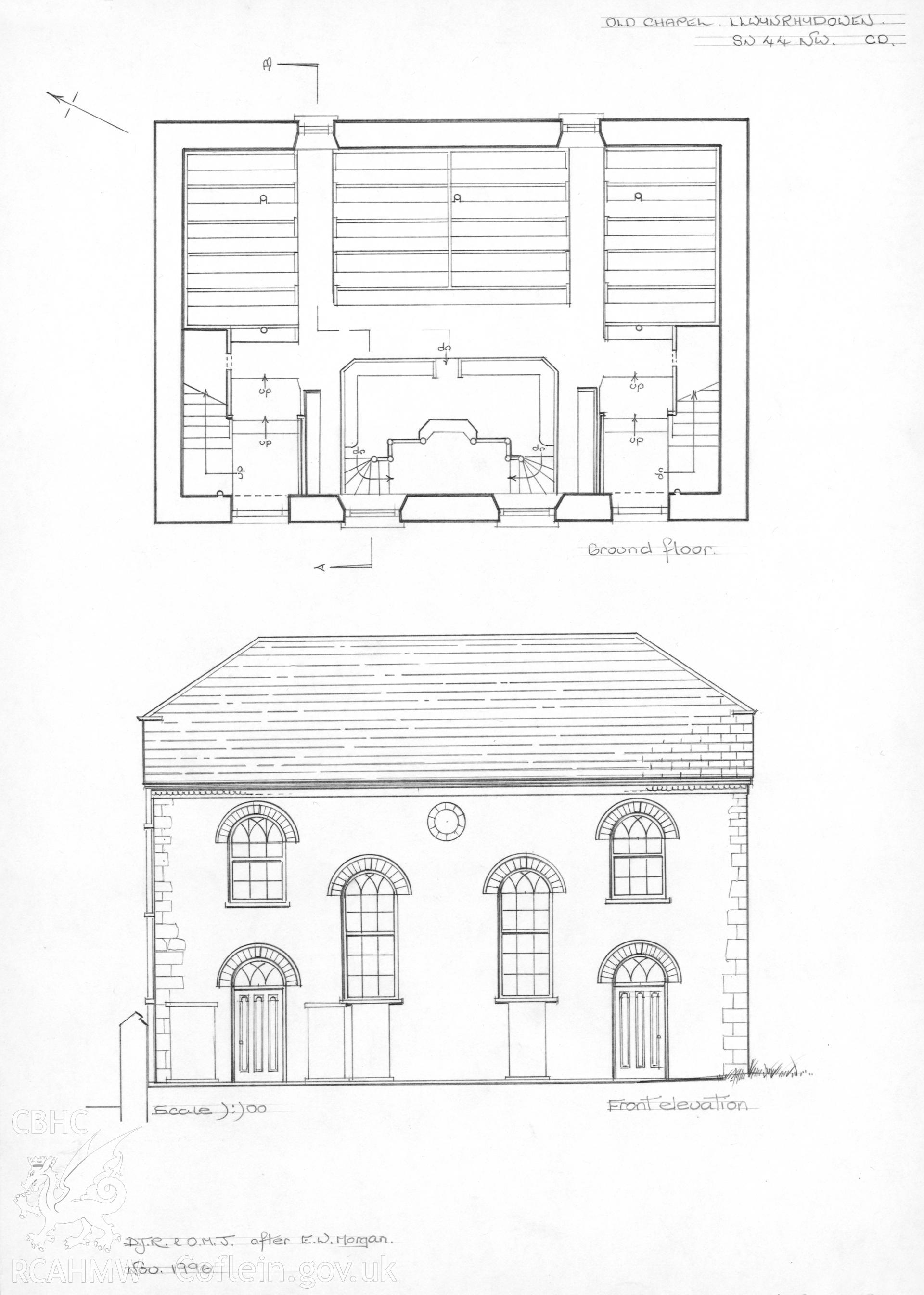 Llwynrhydowen Old Chapel, Llandysul; Pencil drawing comprising front elevation & ground floor plan by Dylan Roberts, dated November 1996.