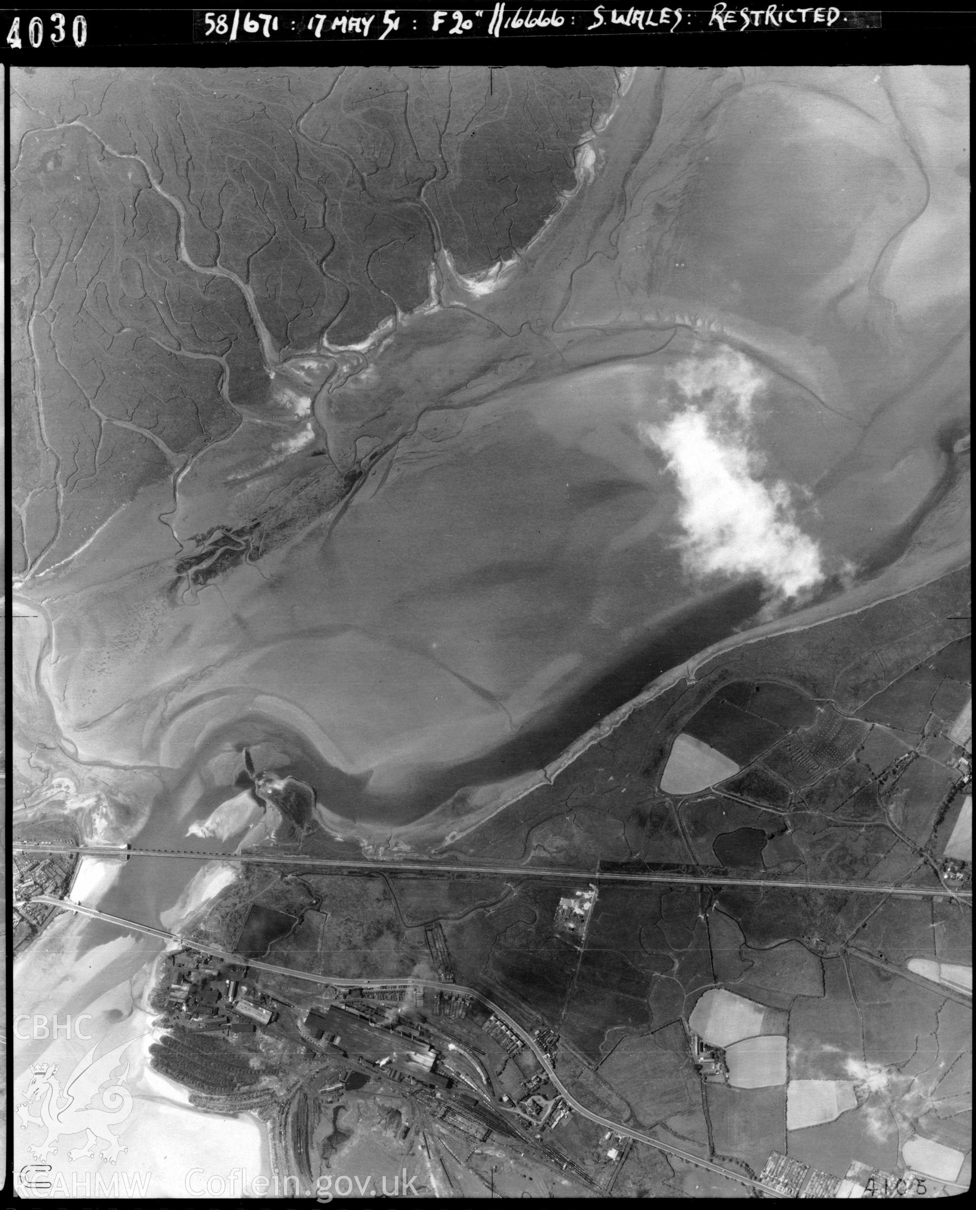 Black and white vertical aerial photograph taken by the RAF on 17/05/1951 showing Loughor Railway Bridge.