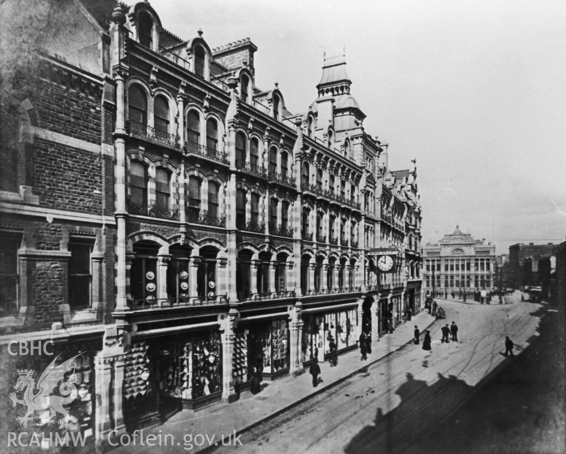Black and white image showing general street view of the David Morgan Department Store, The Hayes, Cardiff, loaned for copying by Daryl Leeworthy.