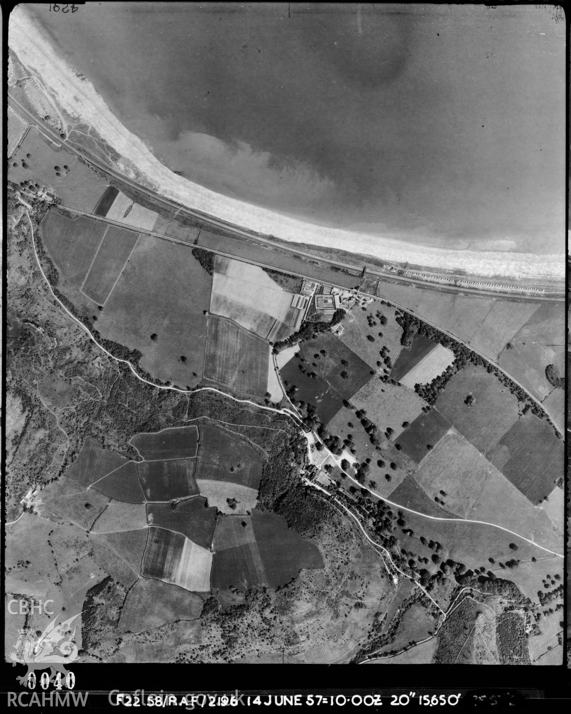 Black and white vertical aerial photograph, taken by the RAF, showing the area around Llanddulas 1957.