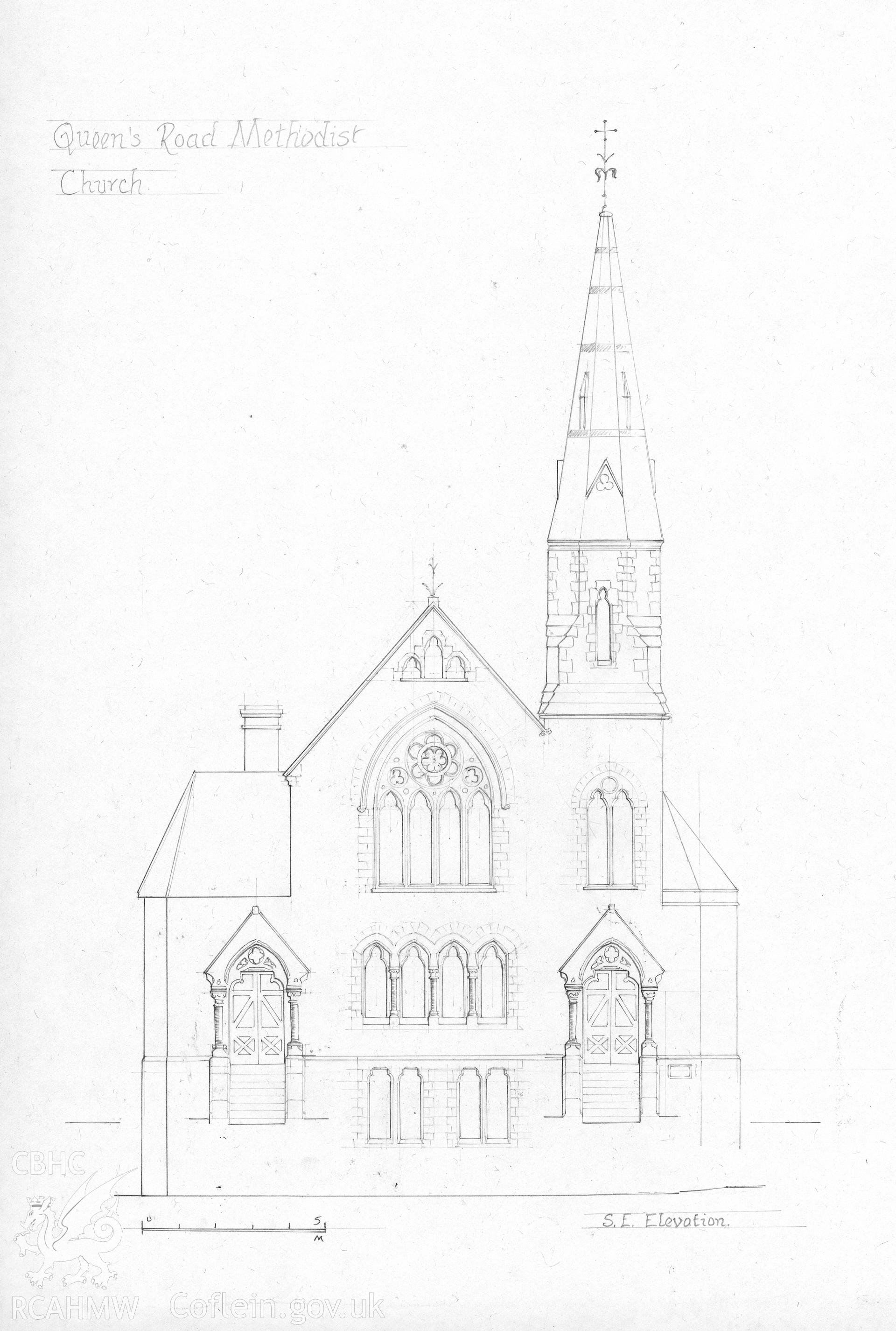 RCAHMW drawing (pencil on paper) showing elevation of Queens Road Methodist Church, Aberystwyth.