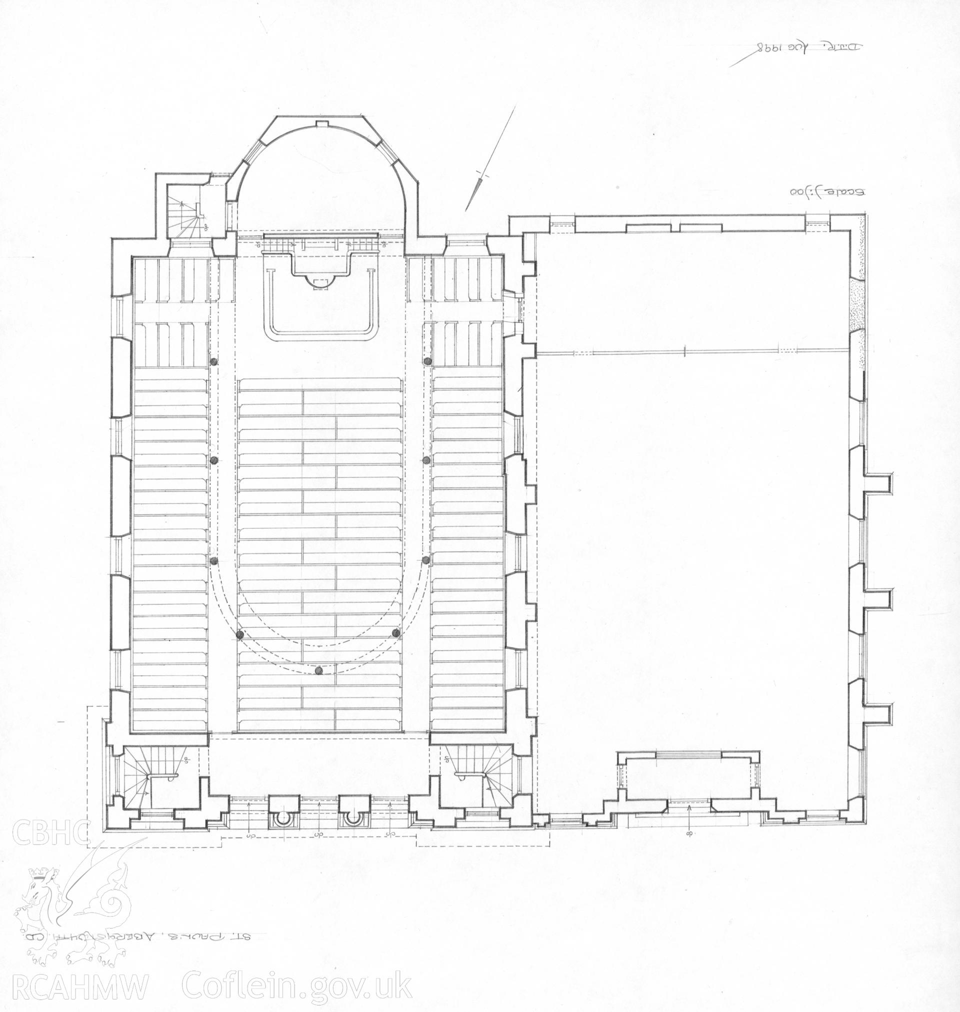 RCAHMW drawing by Dylan Roberts showing plan of St Pauls Methodist Chapel, Aberystwyth, August 1998.