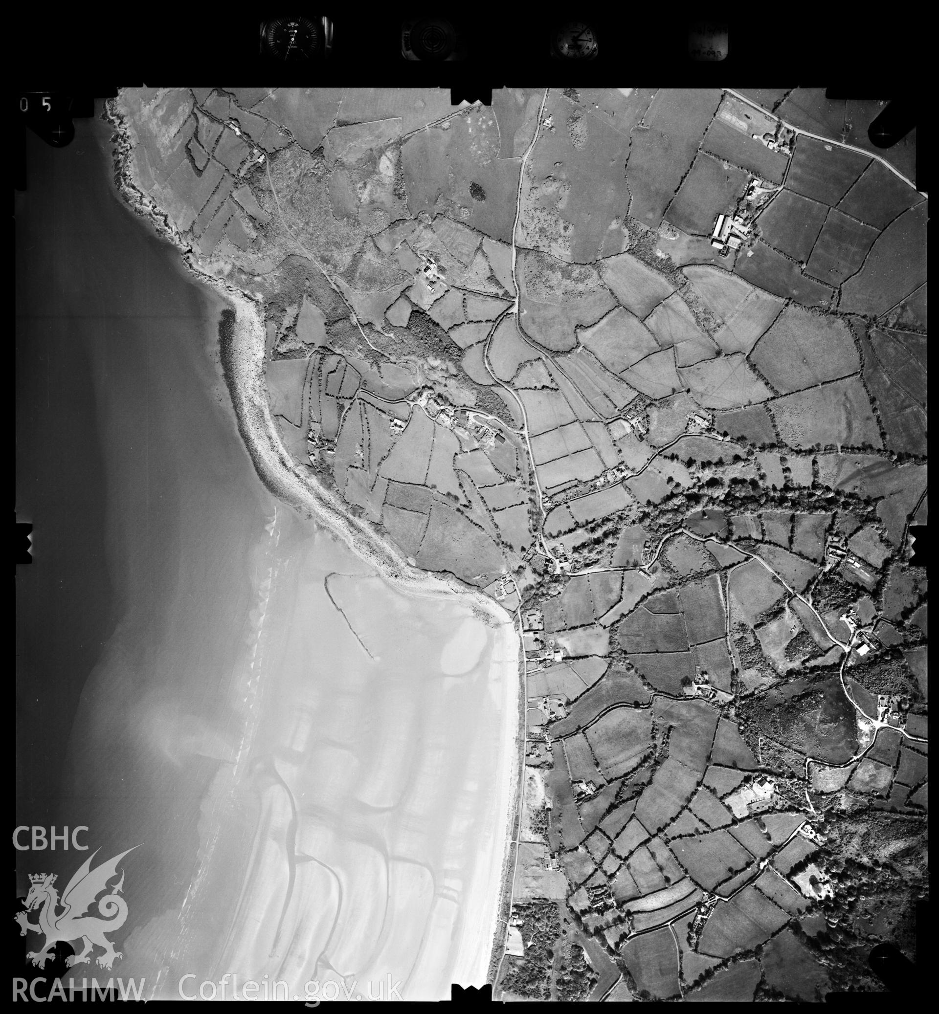 Digitized copy of an aerial photograph showing the Pentrellwyn area on Anglesey, taken by Ordnance Survey, 1999.