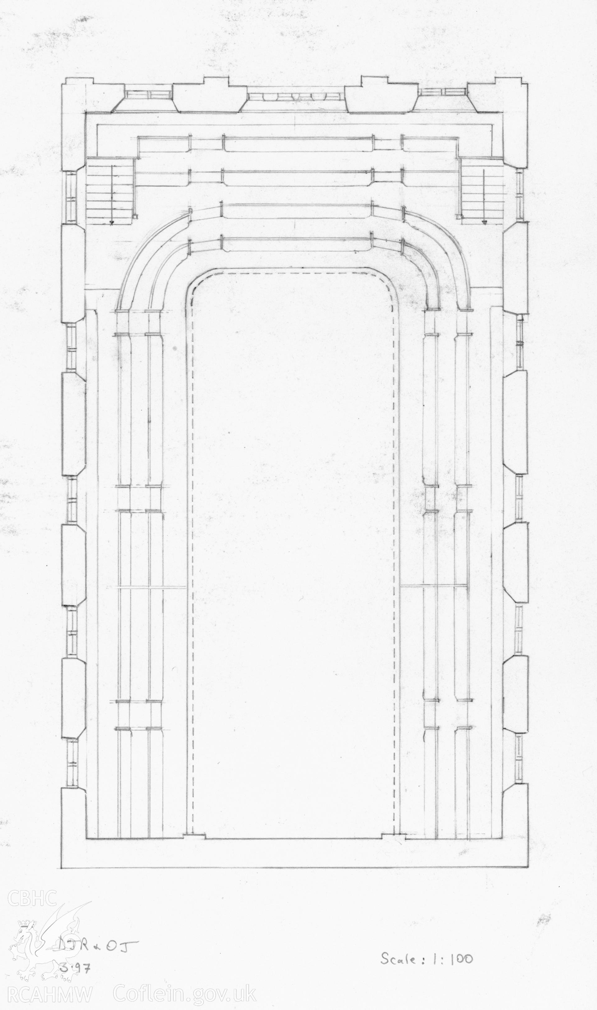 Seion Chapel, Llandysul; Pencil drawing by Olwen Jenkins and Dylan Roberts dated March 1997, showing plan of chapel.