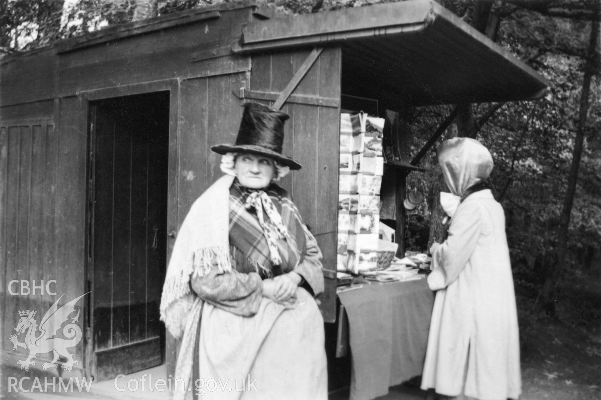 Black and white photograph showing Jane Jones' bookstall at Betws y Coed.