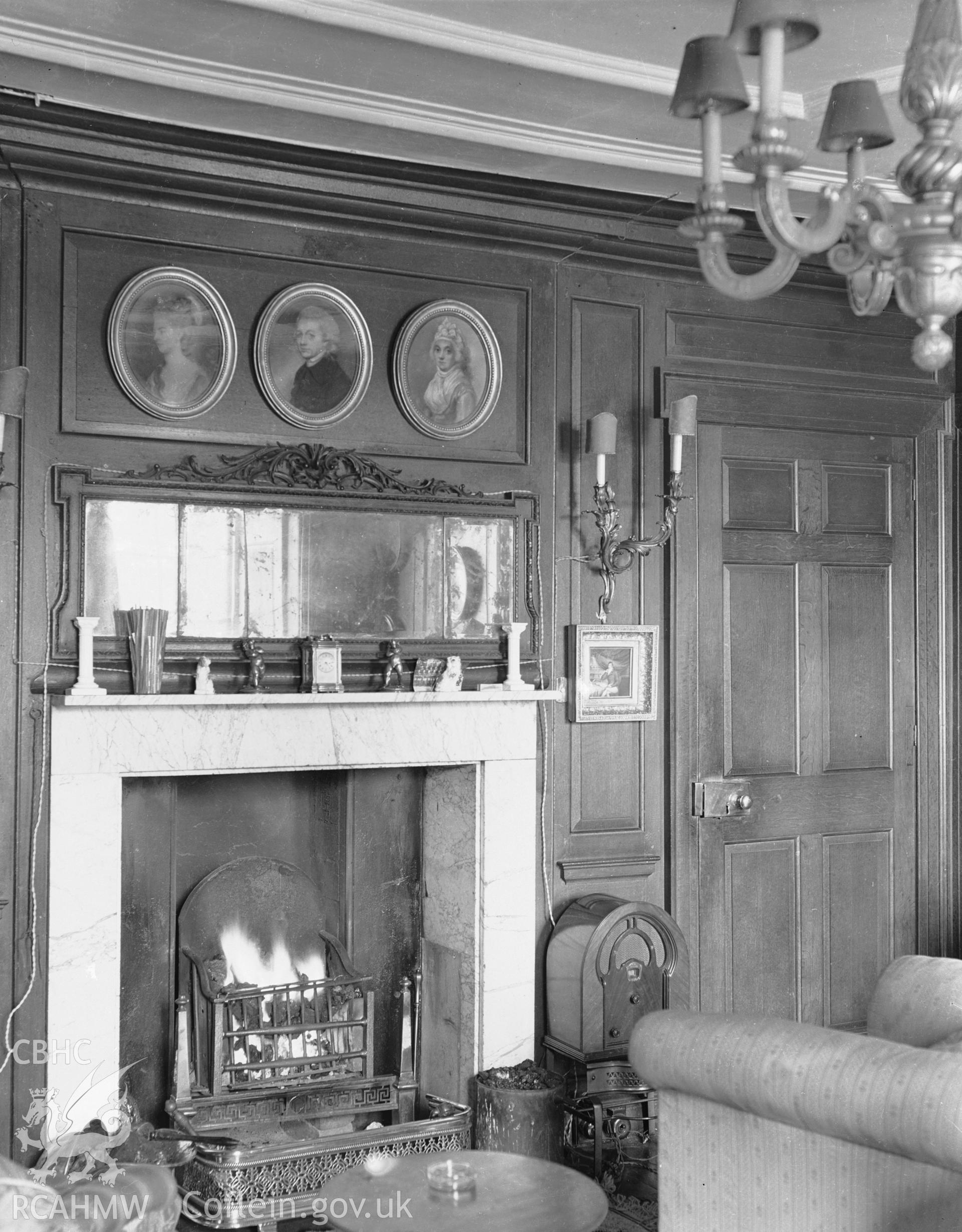 Interior view showing the panelling and fireplace in a room on mezzanine floor.