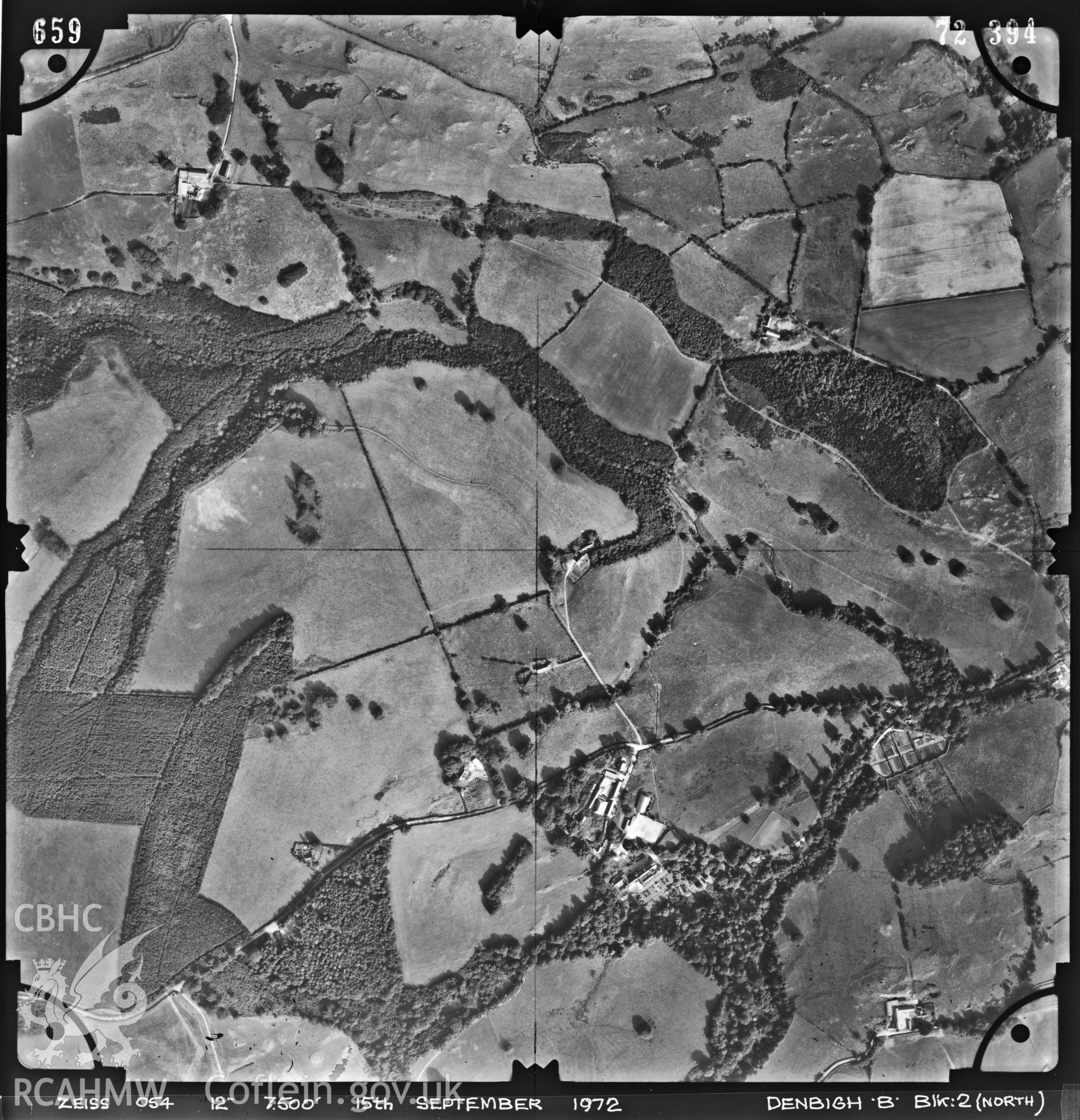 Digitized copy of an aerial photograph showing the area around Hafodunos, Llangernyw, taken by Ordnance Survey, 1972.