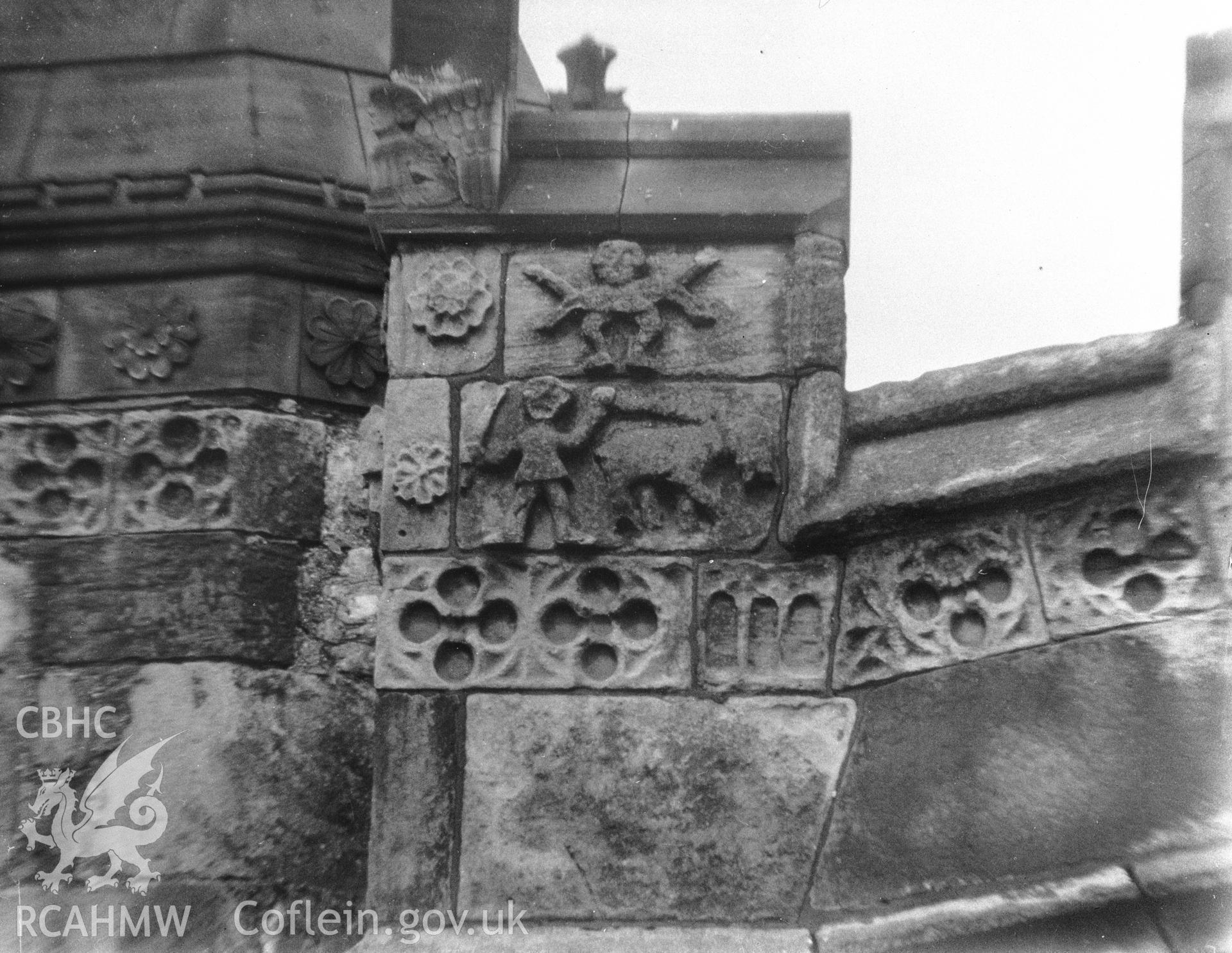 Digitised copy of a black and white negative showing exterior detail of the south transept of St Cybi's Church, produced by RCAHMW before 1960