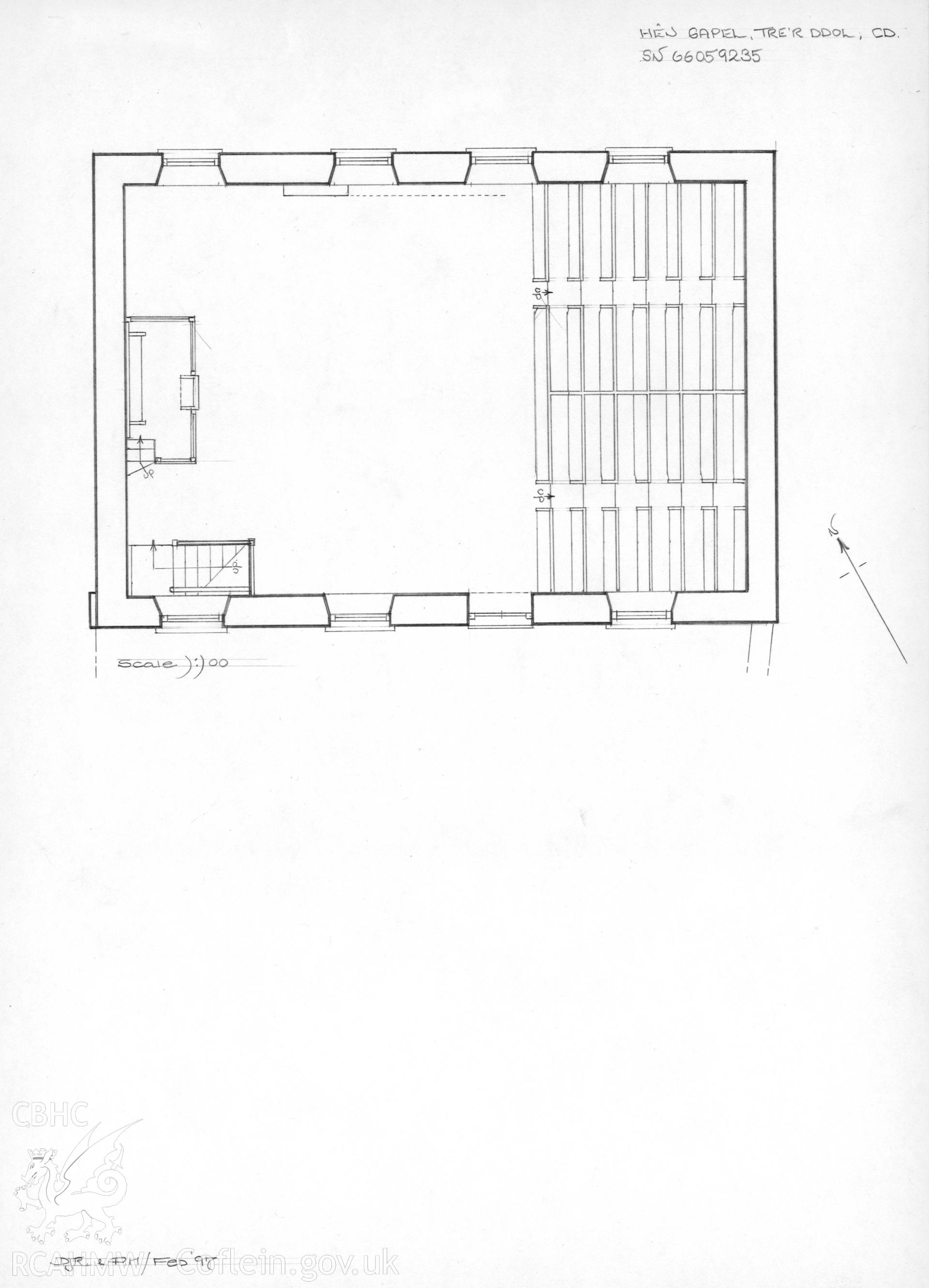 Soar Wesleyan Methodist Chapel (Yr Hen Gapel), Llangynfelin; Pencil drawing showing plan of building, by Dylan Roberts & Patricia Moore dated February 1997.