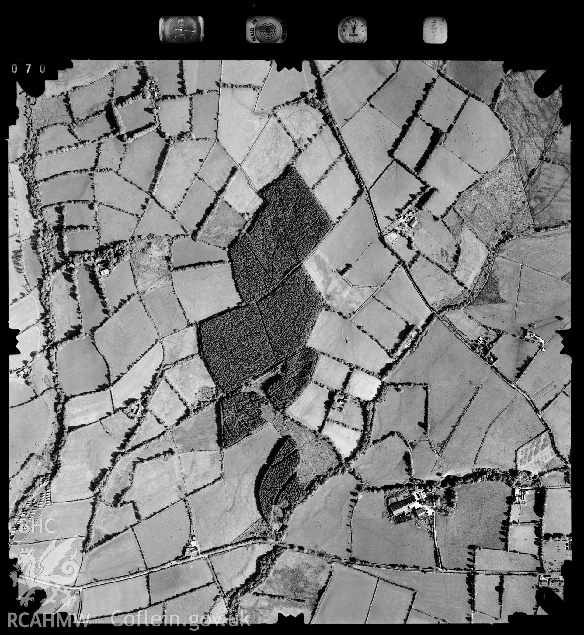 Digitized copy of an aerial photograph showing Cilcennin area, Ceredigion, taken by Ordnance Survey, 1994.