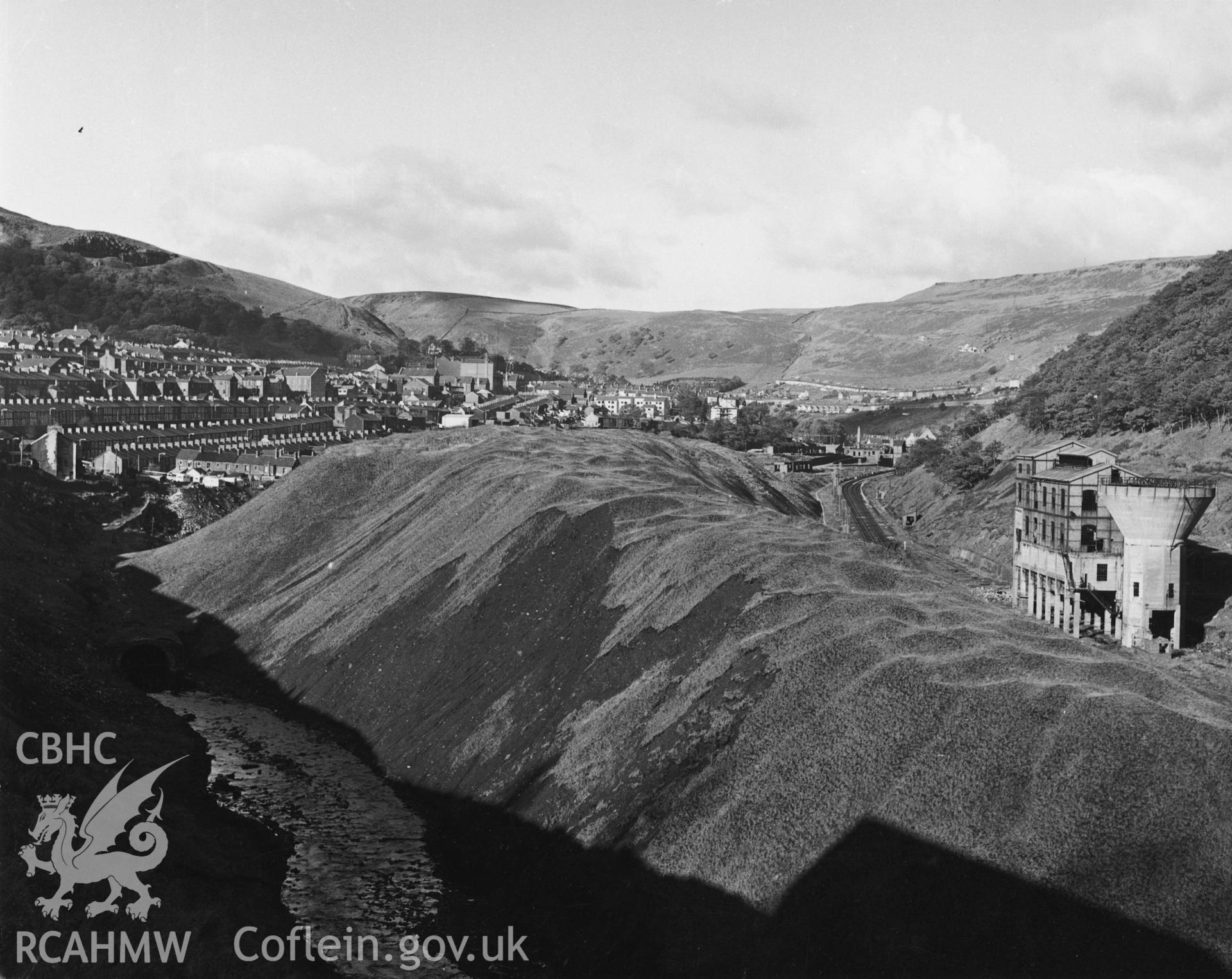 Black and white image showing general  view of Ferndale Colliery buildings and surrounding area, loaned for copying by Daryl Leeworthy.