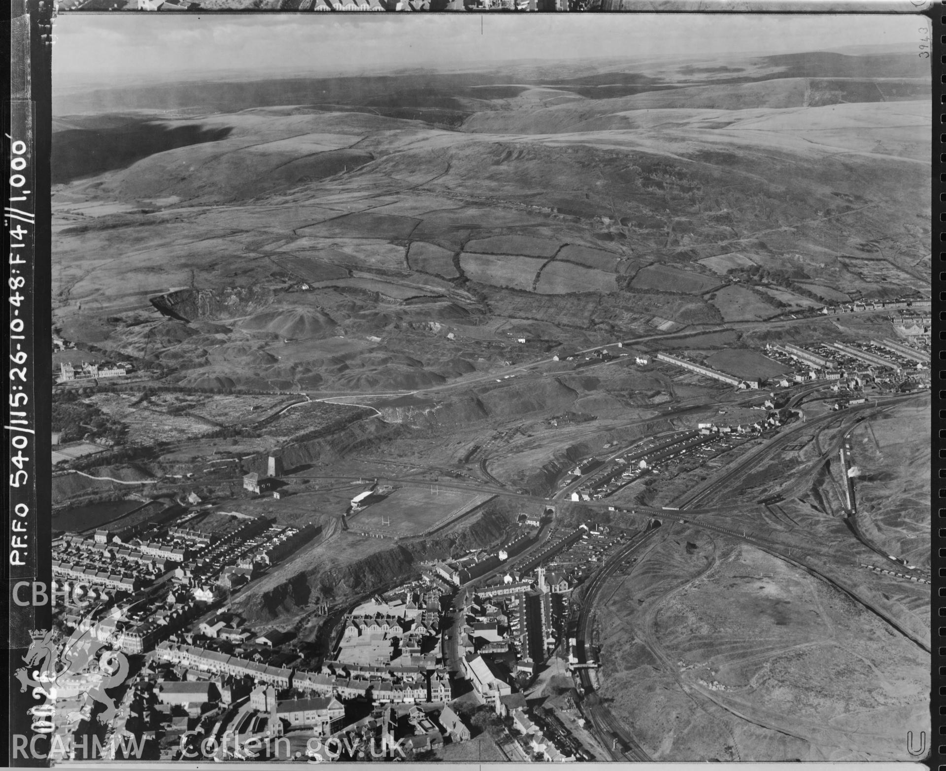 Black and white vertical aerial photograph taken by the RAF on 26/10/1948 centred on the Maesteg area.