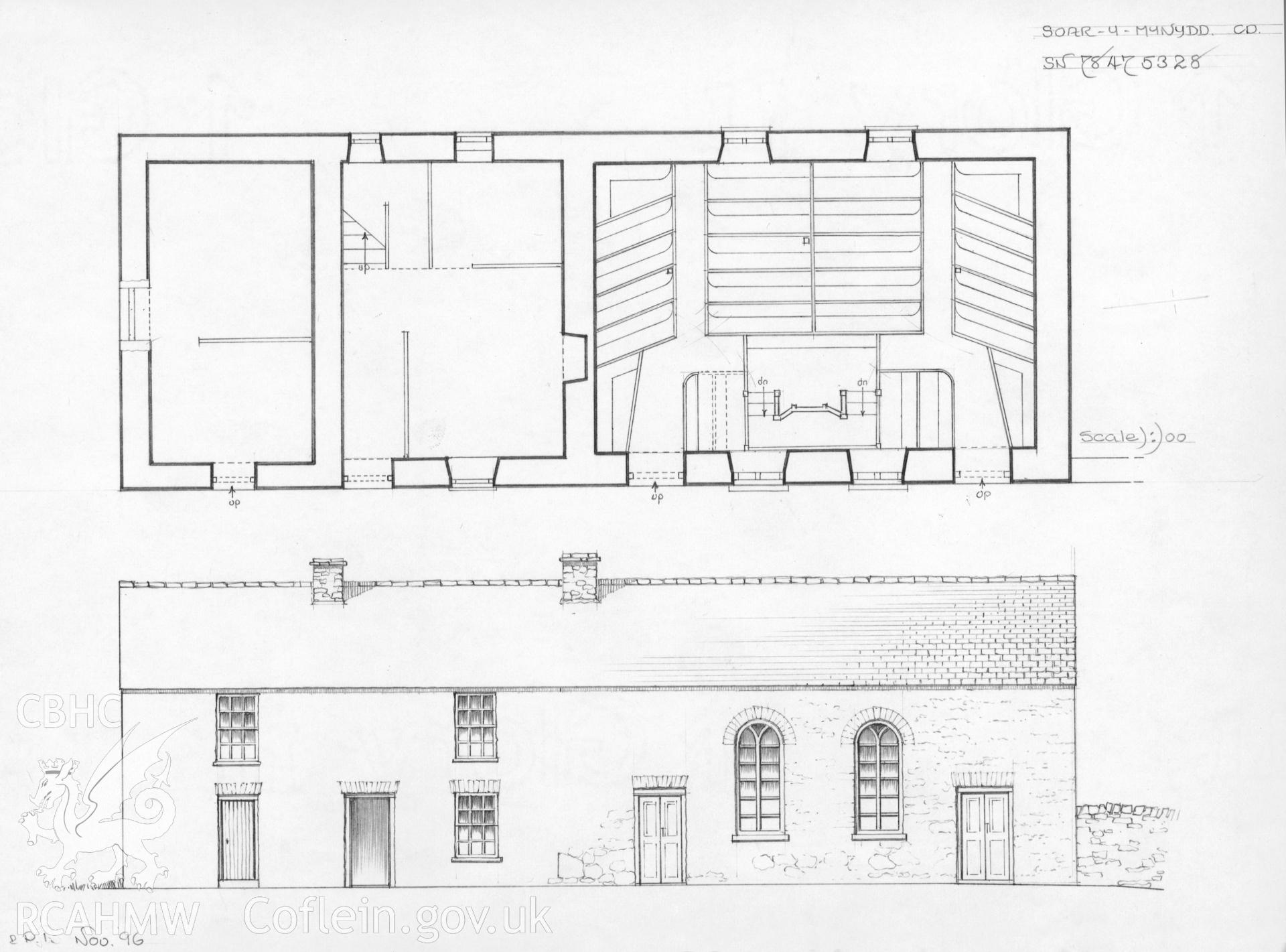 Soar y Mynydd, Llanddewi Brefi; Pencil drawing, comprising plan & elevation, by Dylan Roberts, Olwen Jenkins & Penny Icke, dated November 1996.