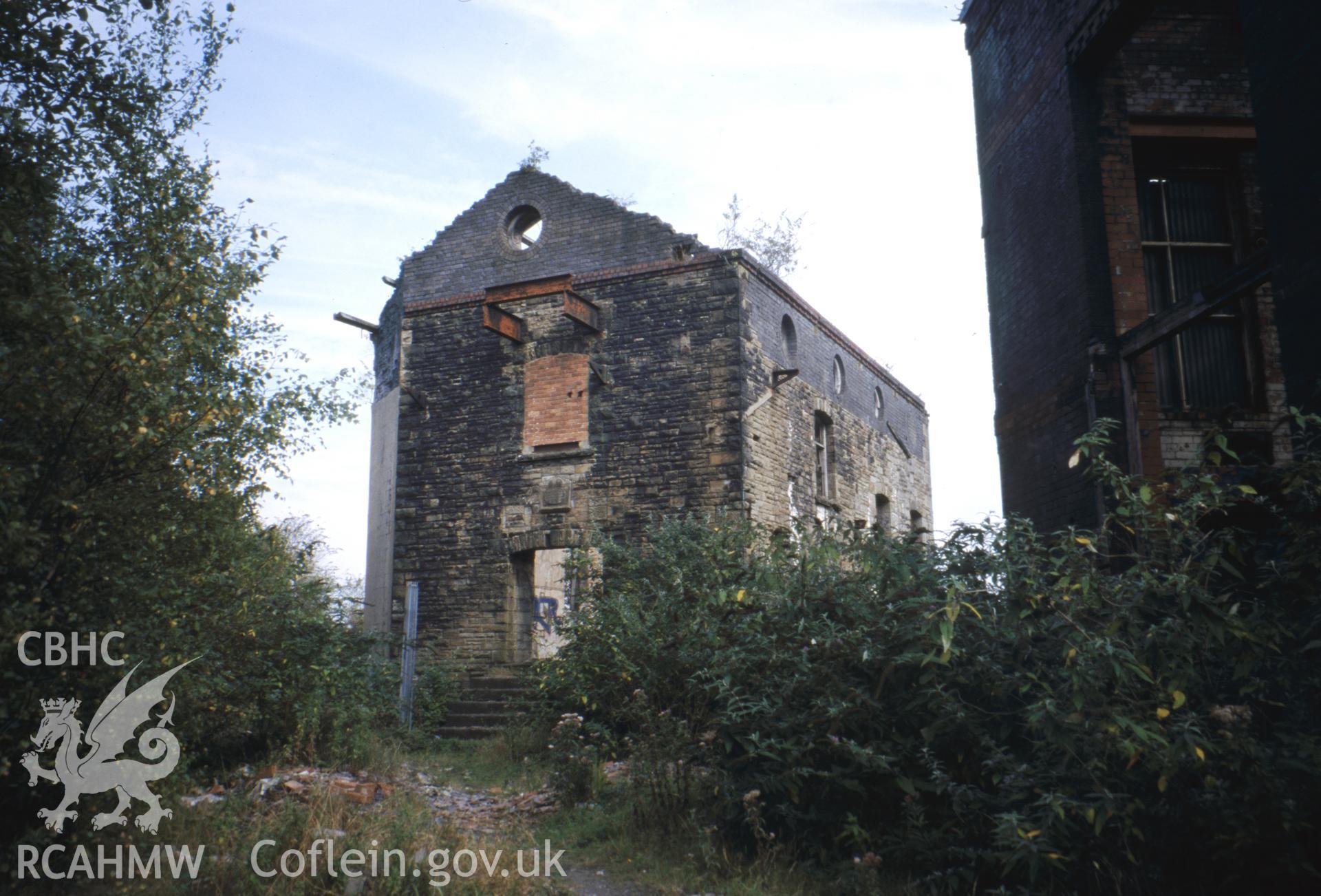 Colour slide of Hafod Copperworks 1860 Engine House: showing  the south-west gable and the south-east side, and the 1910 Engine House.