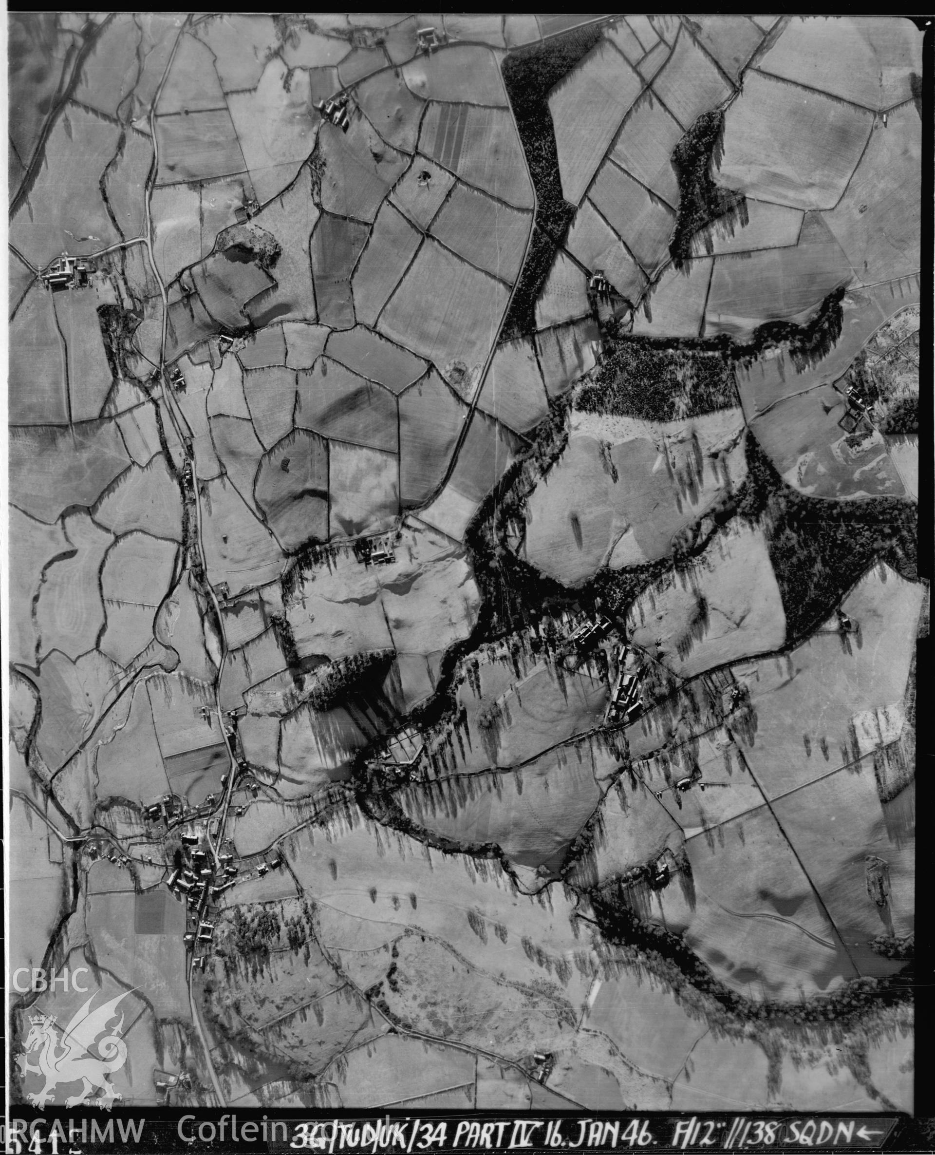 Black and white vertical aerial photograph taken by the RAF on 16/01/1946 centred on SH98077423 at a scale of 1:10000. The photograph includes part of Abergele community in Conwy.