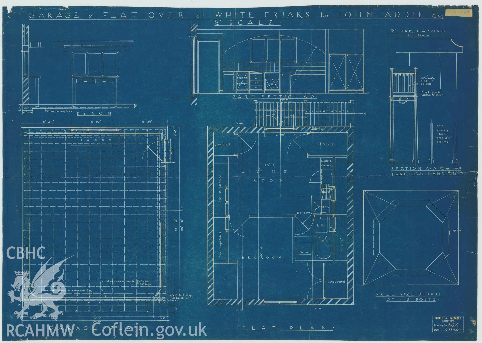Blue-print plans and sections relating to Whitefriars, West Shore, Llanfairfechan, Conwy: Garage and Flat Over. Noted as 'Contract Copy'.