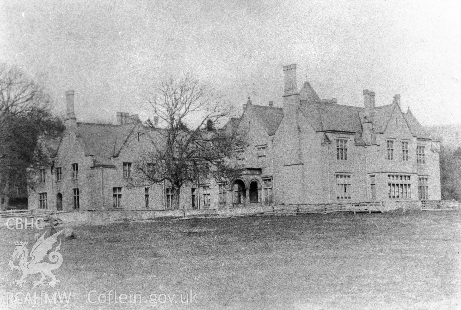 New Seat, Evenjobb; black and white photograph copied from an undated  photograph loaned by Thomas Lloyd, and published in Lost Houses of Wales, c.1988.