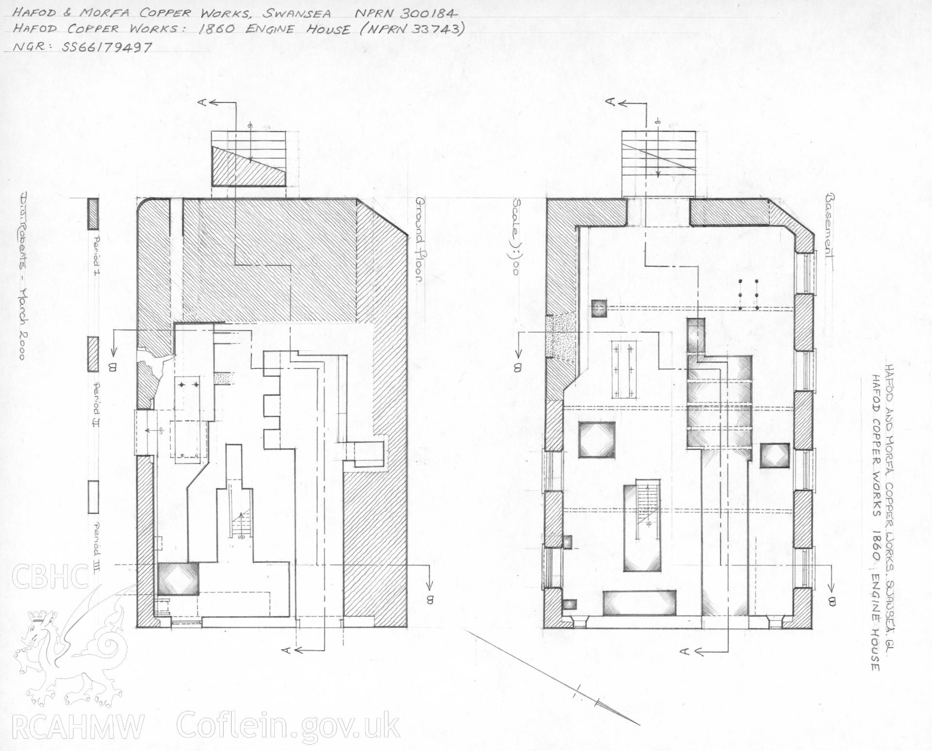 Measured survey comprising ground floor and basement plansof the 1860 engine house at Hafod and Morfa Copperworks, drawn by Dylan Roberts, March 2000.