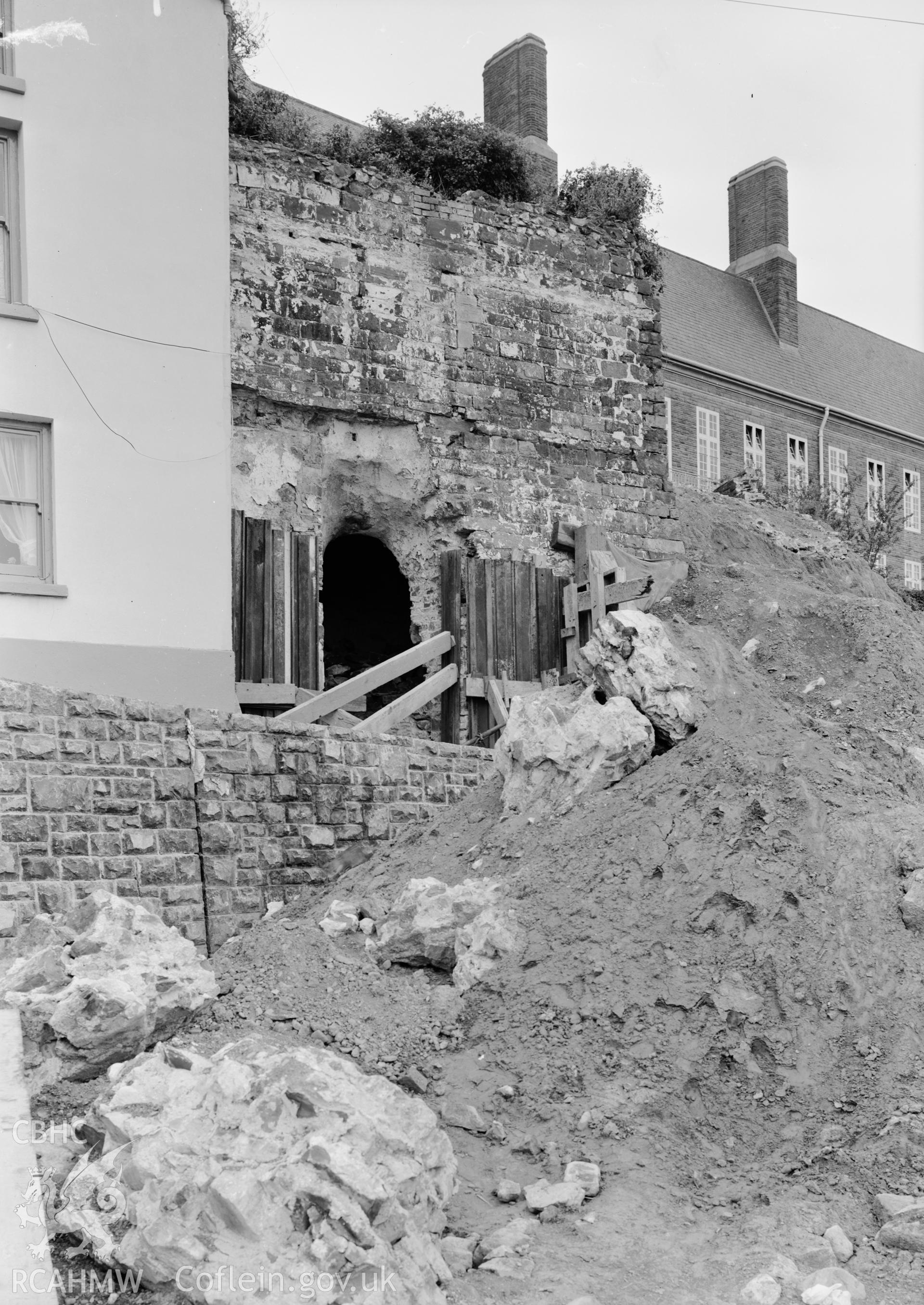 D.O.E photograph of Carmarthen Castle - tower facing Bridge Street, view from the South West.