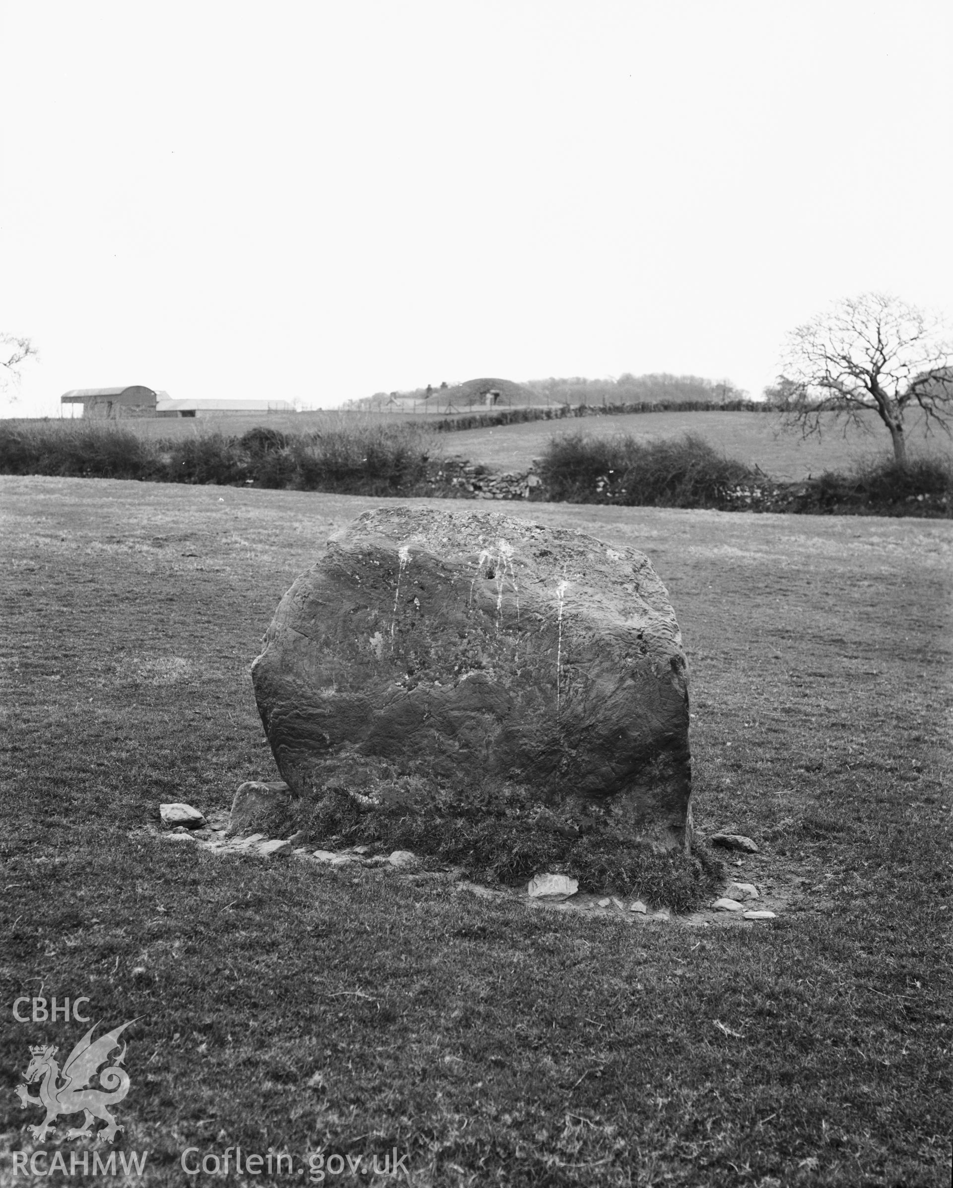 Black and white photograph showing Stone south-west of Bryn Celli Ddu, taken by RCAHMW before 1960.