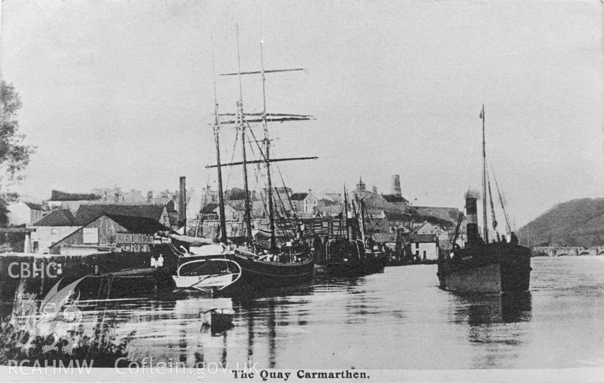 Copy of a c.1902 black and white photograph showing vessels in Carmarthen Harbour.