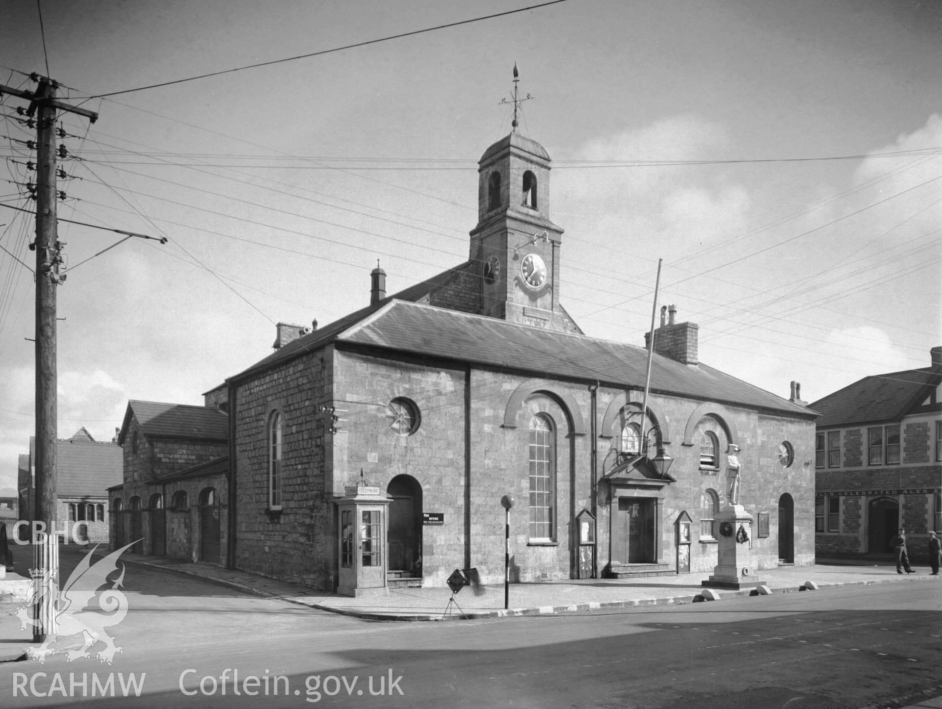Black and white photo showing main elevation of the Town Hall at Cowbridge, taken by RCAHMW March 1941.
