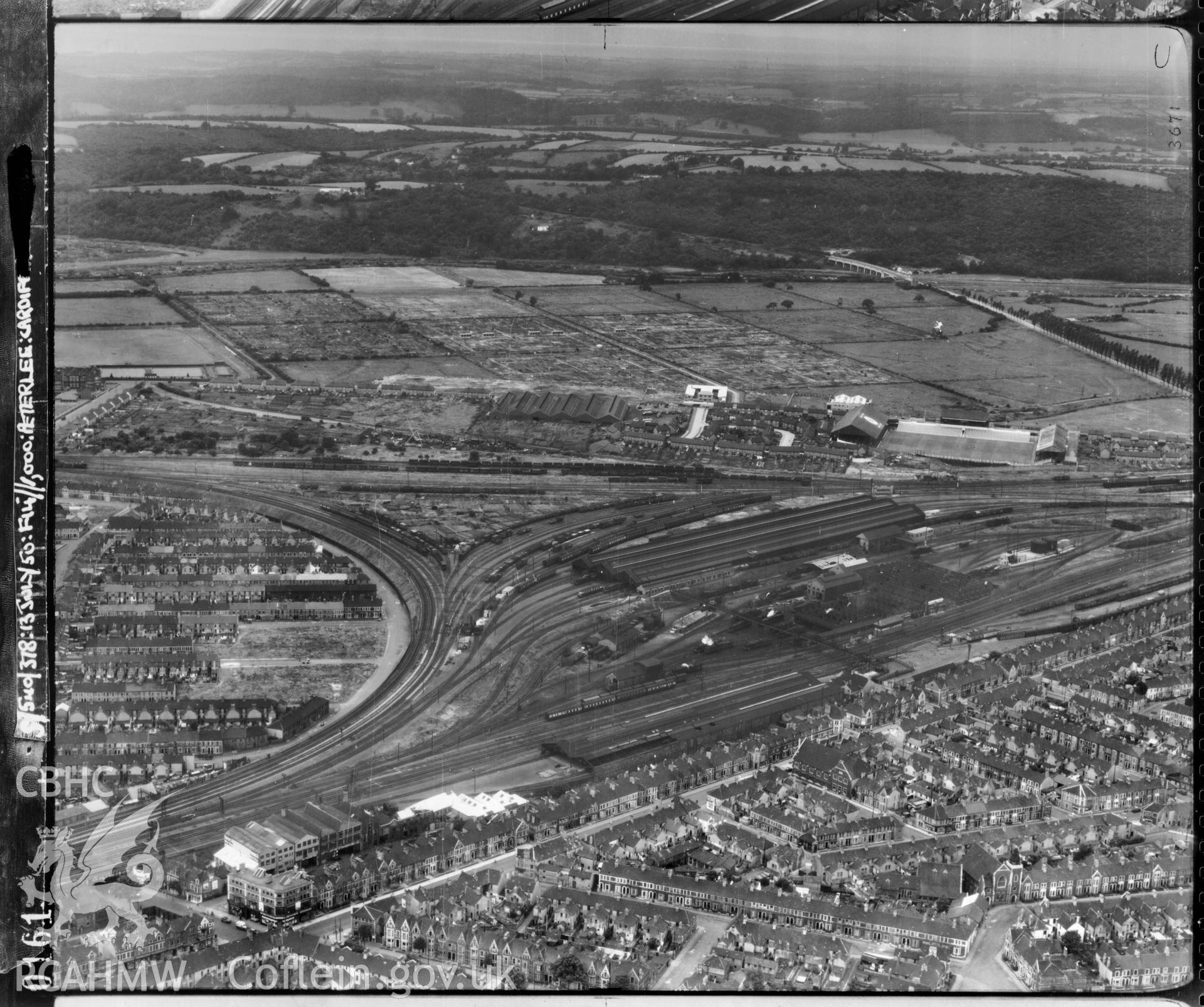 Black and white low level oblique aerial photograph taken by the RAF 1950 centred on Cardiff.
