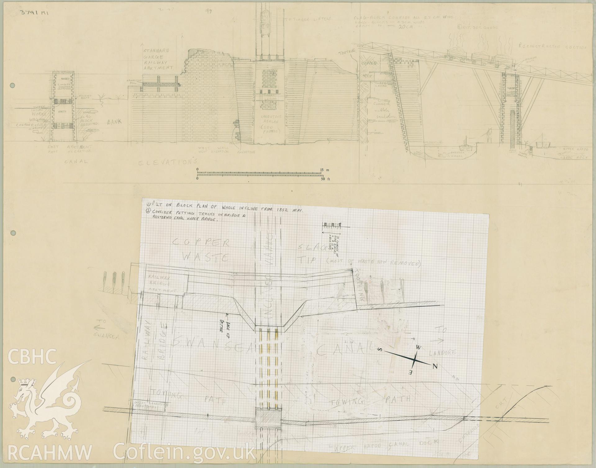 Preliminary plan and elevation drawing of Hafod Copperworks Tramway Viaduct, produced by Stepehn Hughes , undated.