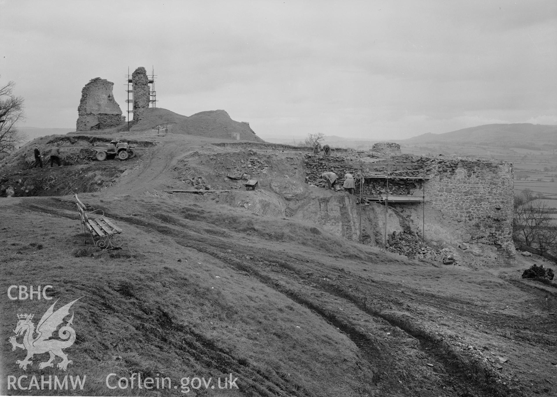 D.O.E photograph of Montgomery Castle - middle ward south curtain wall under treatment.