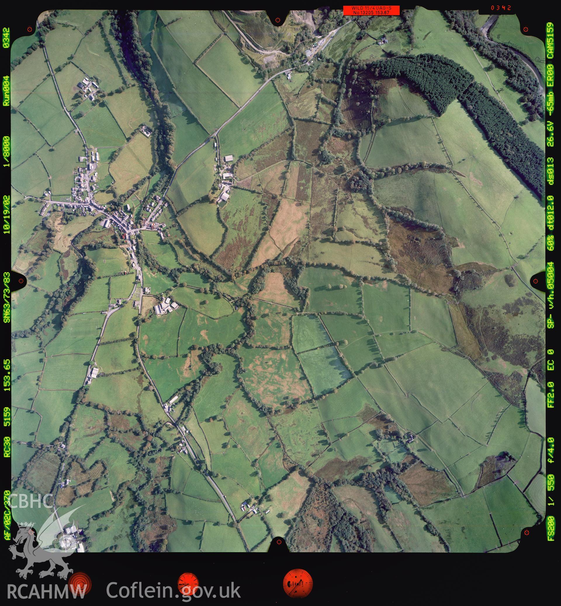 Digitized copy of a colour aerial photograph showing the Llansawel  area, taken by Ordnance Survey, 2002.