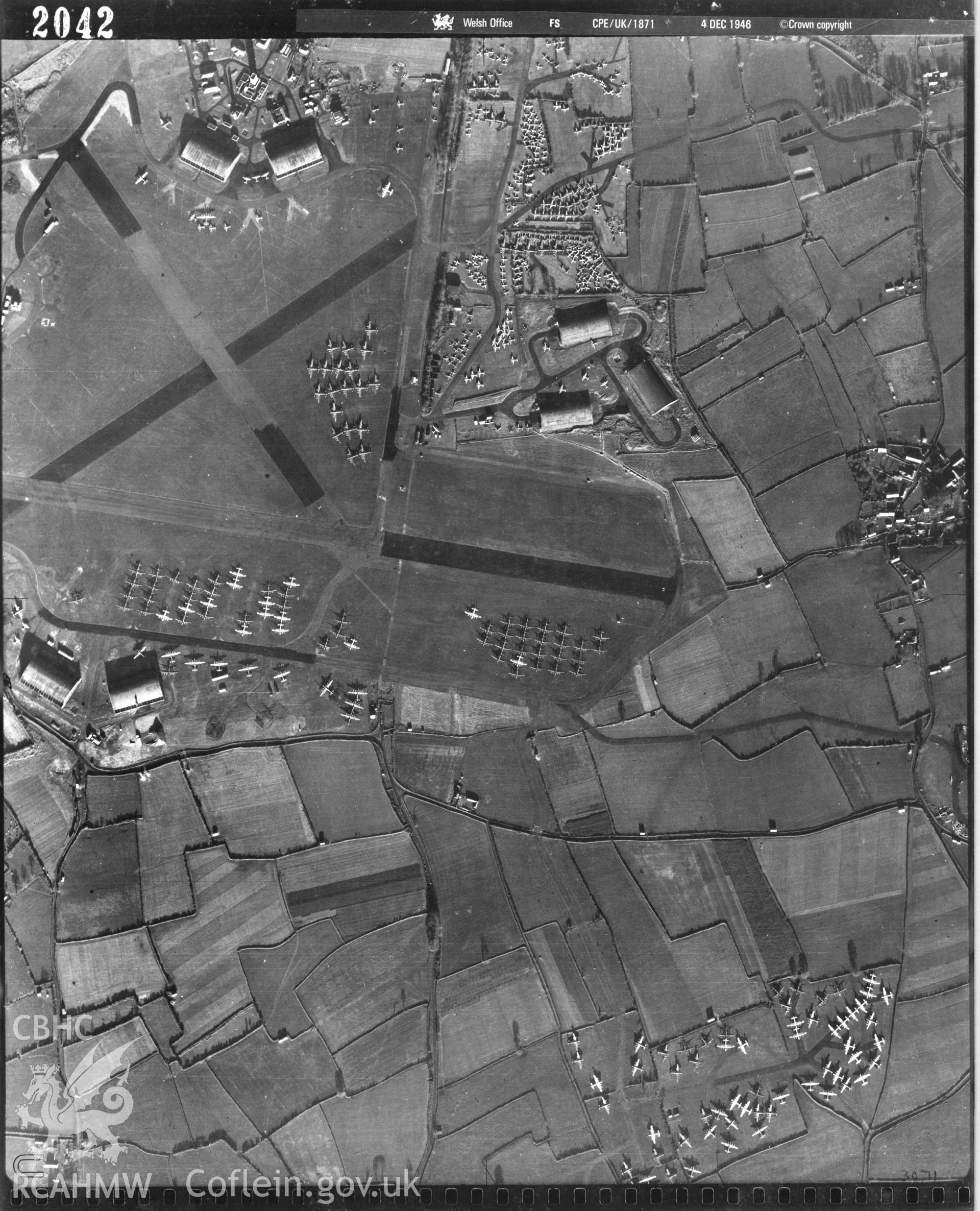 Black and white vertical aerial photograph taken by the RAF on 04/12/1946 centred on SS82818530 at a scale of 1:10000. The photograph includes part of Margam community in Neath, Port Talbot.