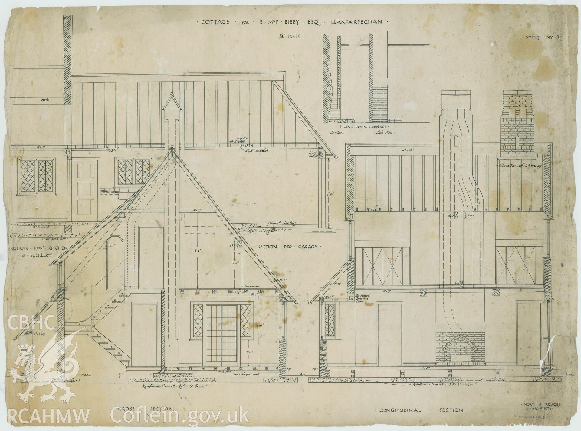 Cross and longtitudional section plans relating to Whitefriars, West Shore, Llanfairfechan, Conwy.