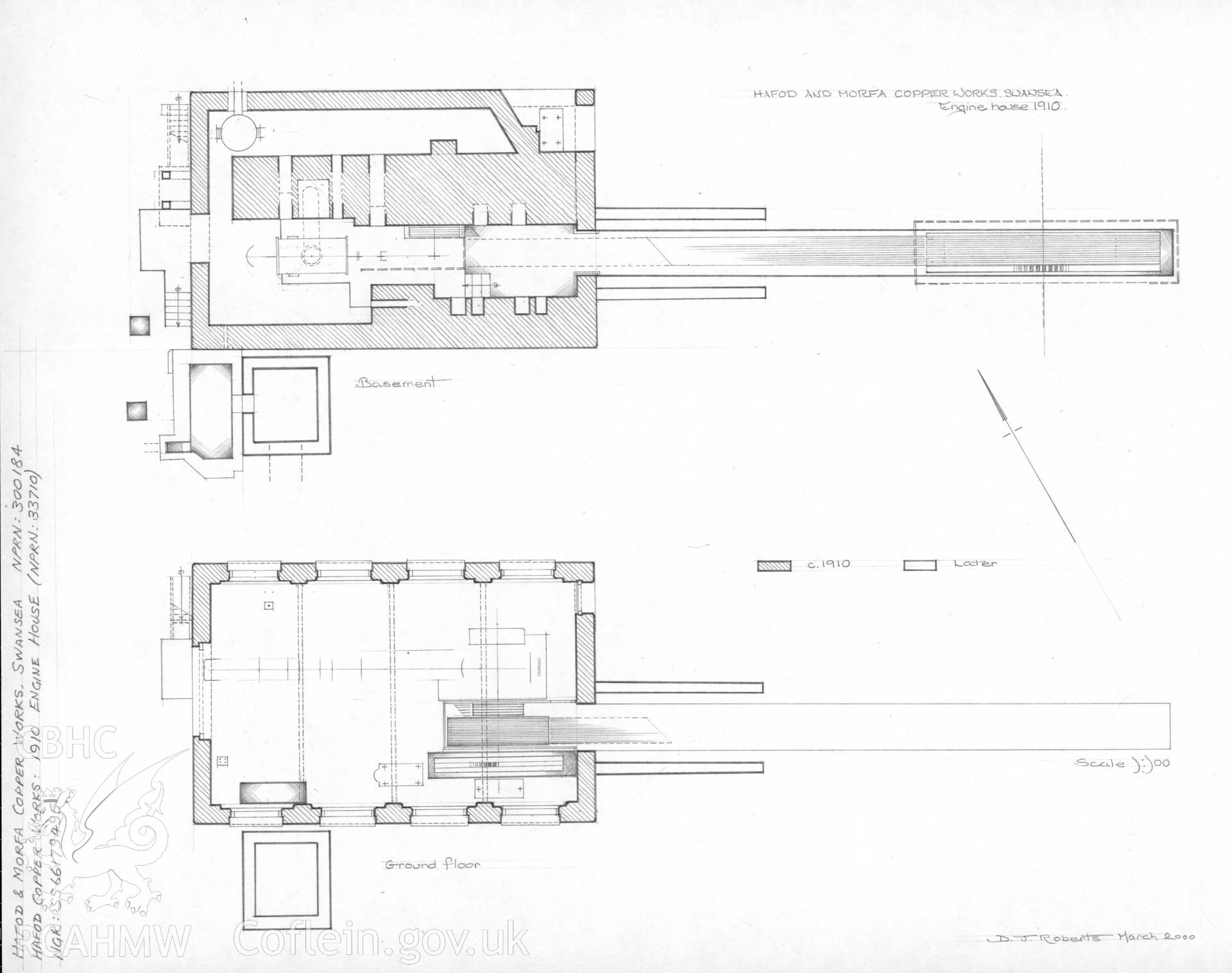 Measured survey comprising ground floor and basement plans of the 1910 engine house at Hafod and Morfa Copperworks, drawn by Dylan Roberts, March 2000.