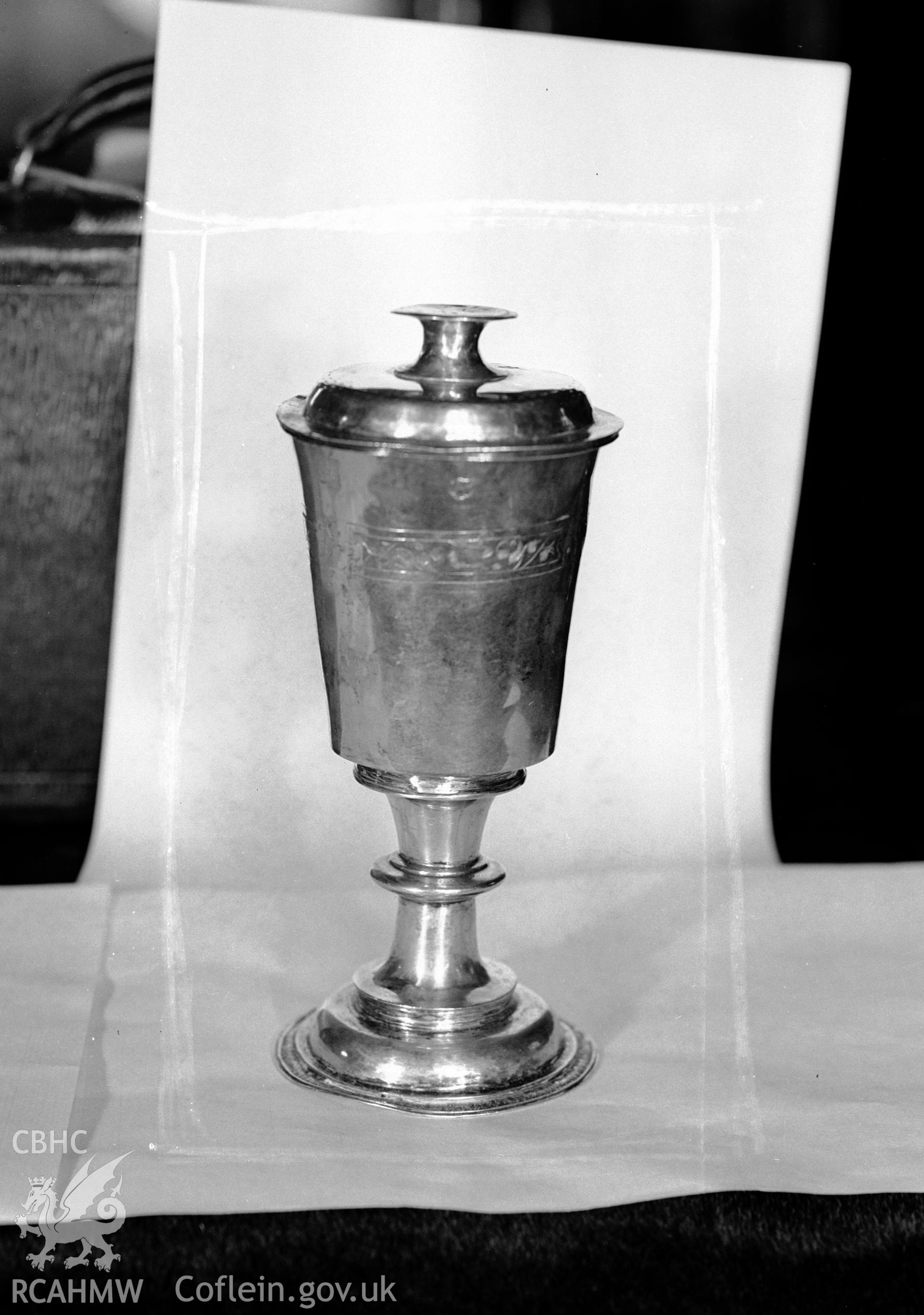 Digitised copy of a black and white negative showing chalice from St Michael's Church, produced by RCAHMW, pre1960.
