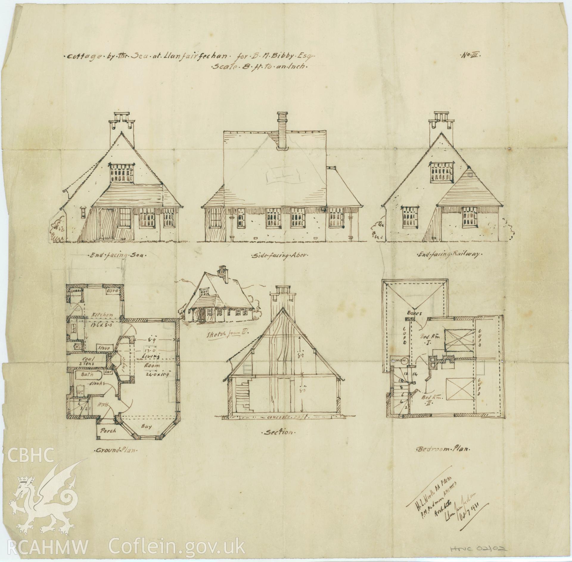Sketch plans and elevations relating to Whitefriars, West Shore, Llanfairfechan, Conwy.