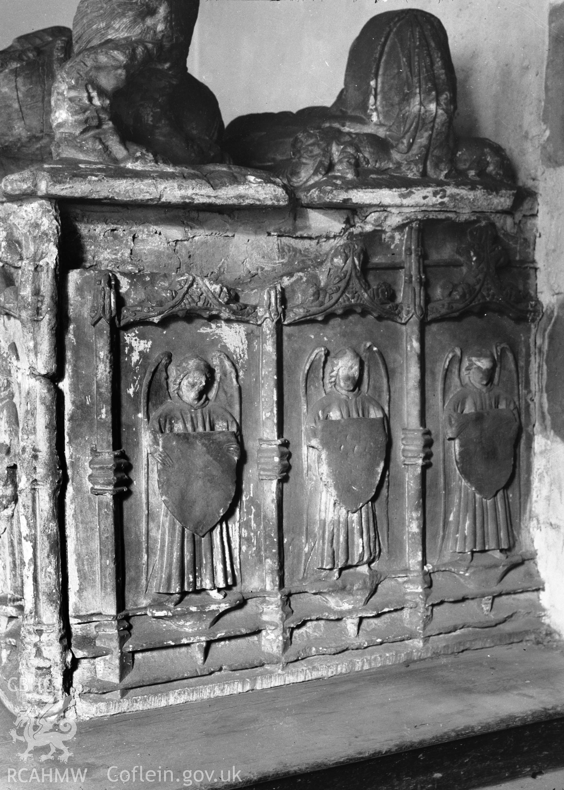 Digitised copy of a black and white negative showing memorial at St Tegai's Church, Llandegai, produced by RCAHMW before 1960