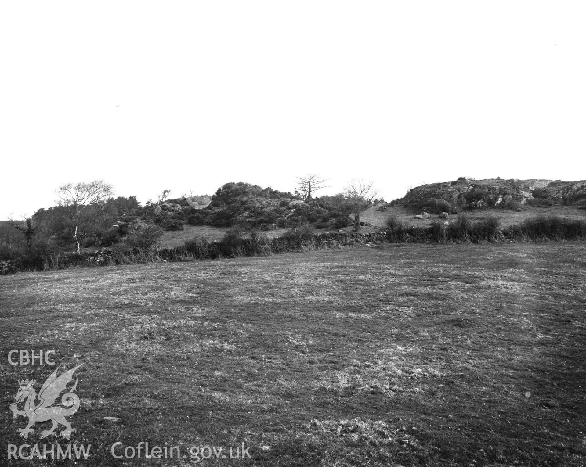 Digitised copy of a black and white negative showing Dinas, Cadnant, produced by RCAHMW, before 1960.