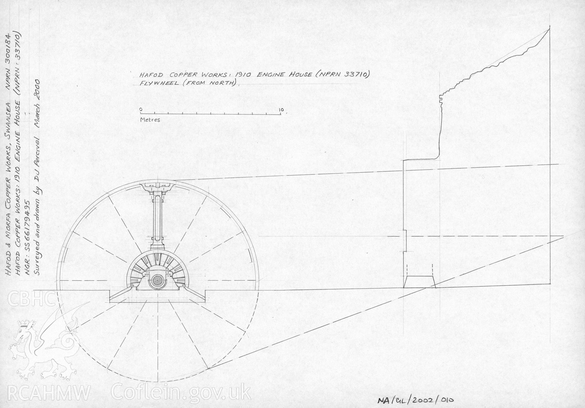 Measured survey comprising drawing of  the 1910 engine house flywheel at Hafod and Morfa Copperworks, drawn by David Percival, March 2000.