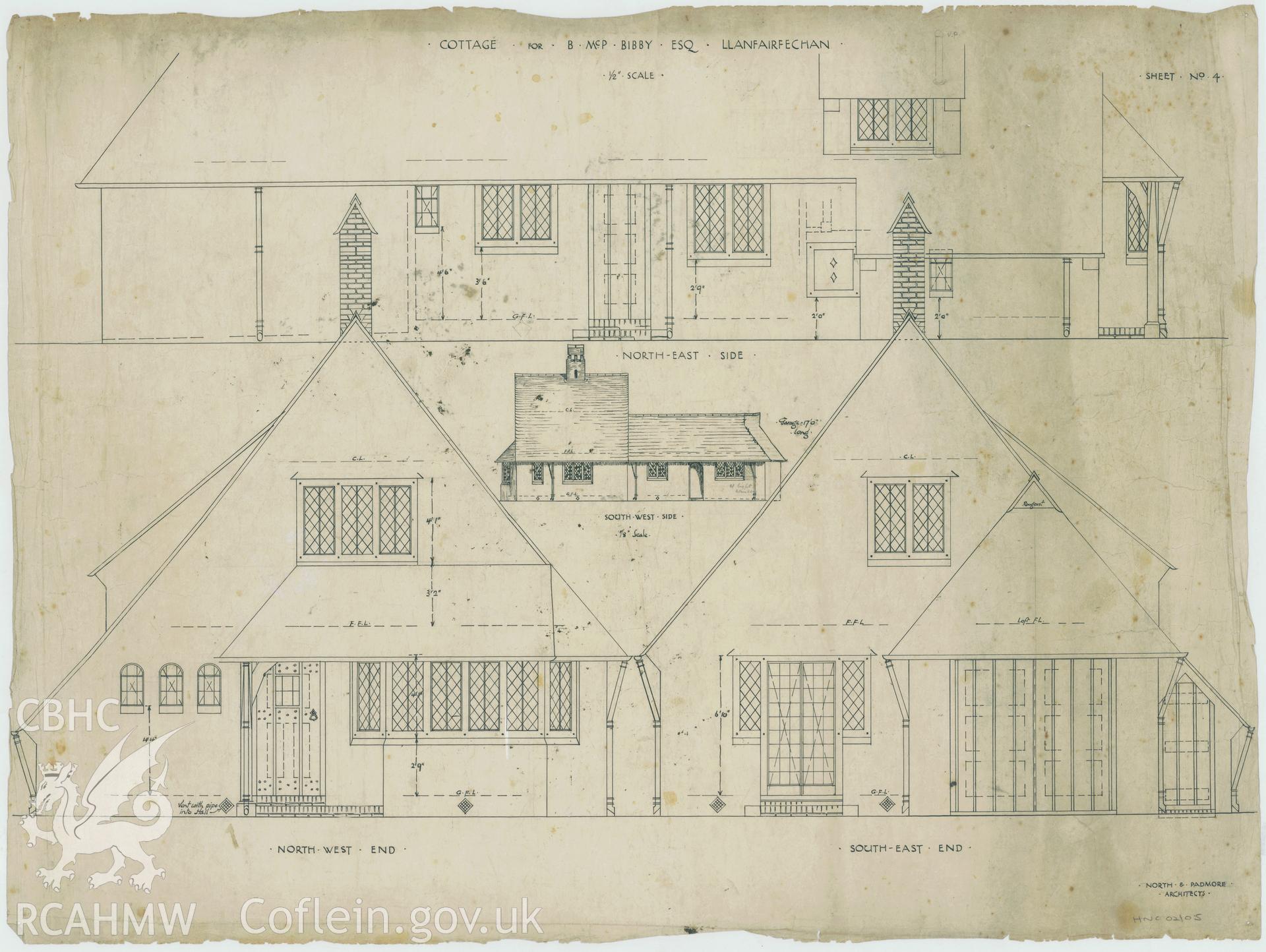 Plan and elevations relating to Whitefriars, West Shore, Llanfairfechan, Conwy: North-east and South-west Sides, and North-west and South-east Ends.