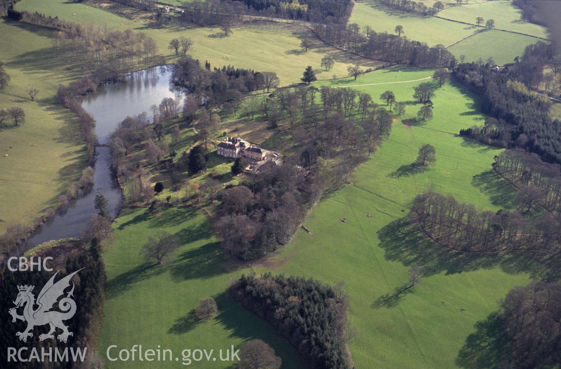 Slide of RCAHMW colour oblique aerial photograph of Bryngwyn Hall, taken by C.R. Musson, 4/4/1993.