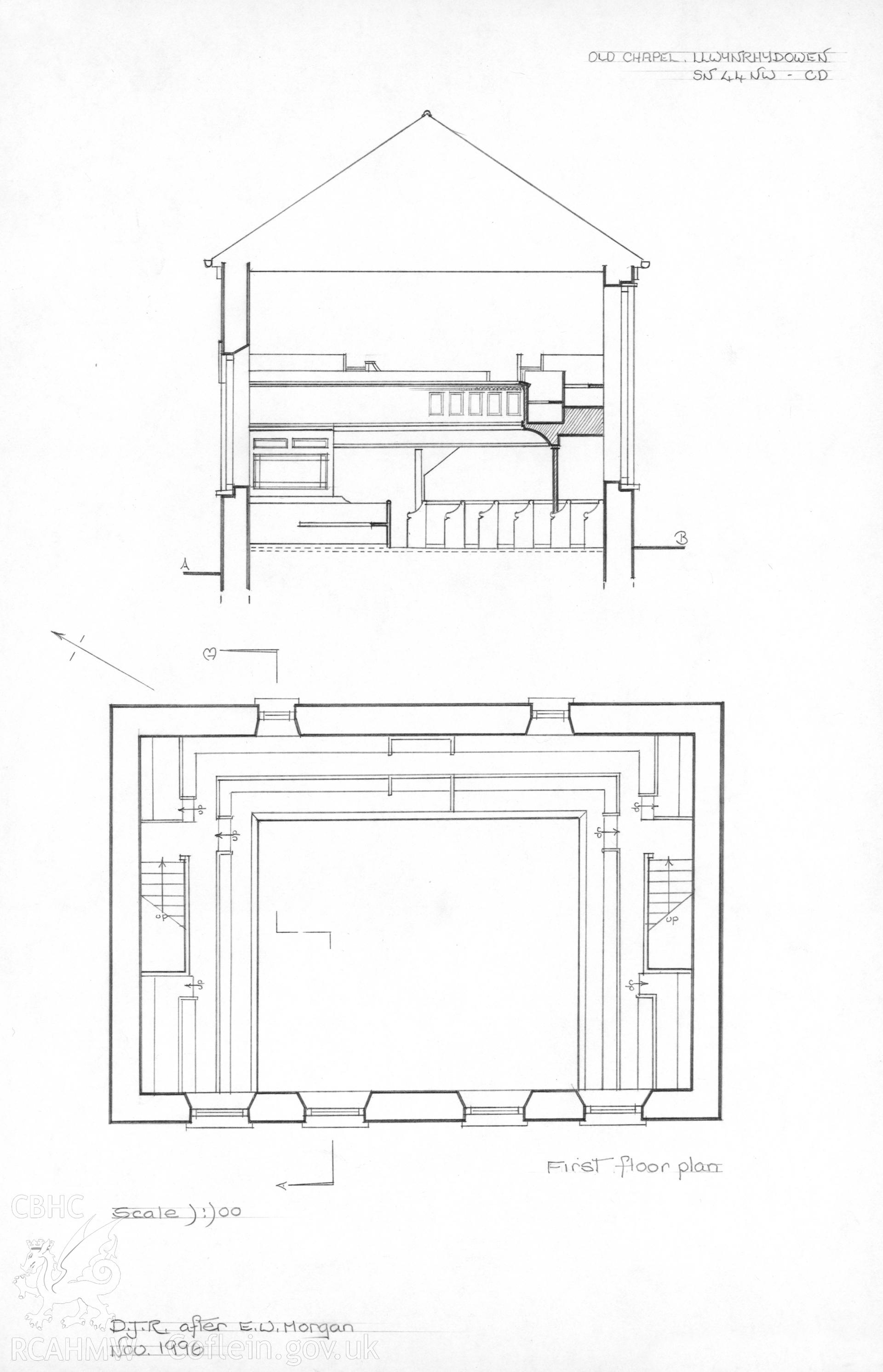 Llwynrhydowen Old Chapel, Llandysul; Pencil drawing comprising first floor plan & section, by Dylan Roberts after E.W. Morgan, dated November 1996.