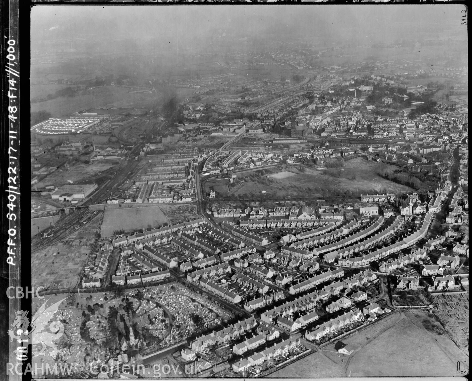 Black and white vertical aerial photograph taken by the RAF on 17/11/1948 showing the Bellevue Park area of Wrexham.